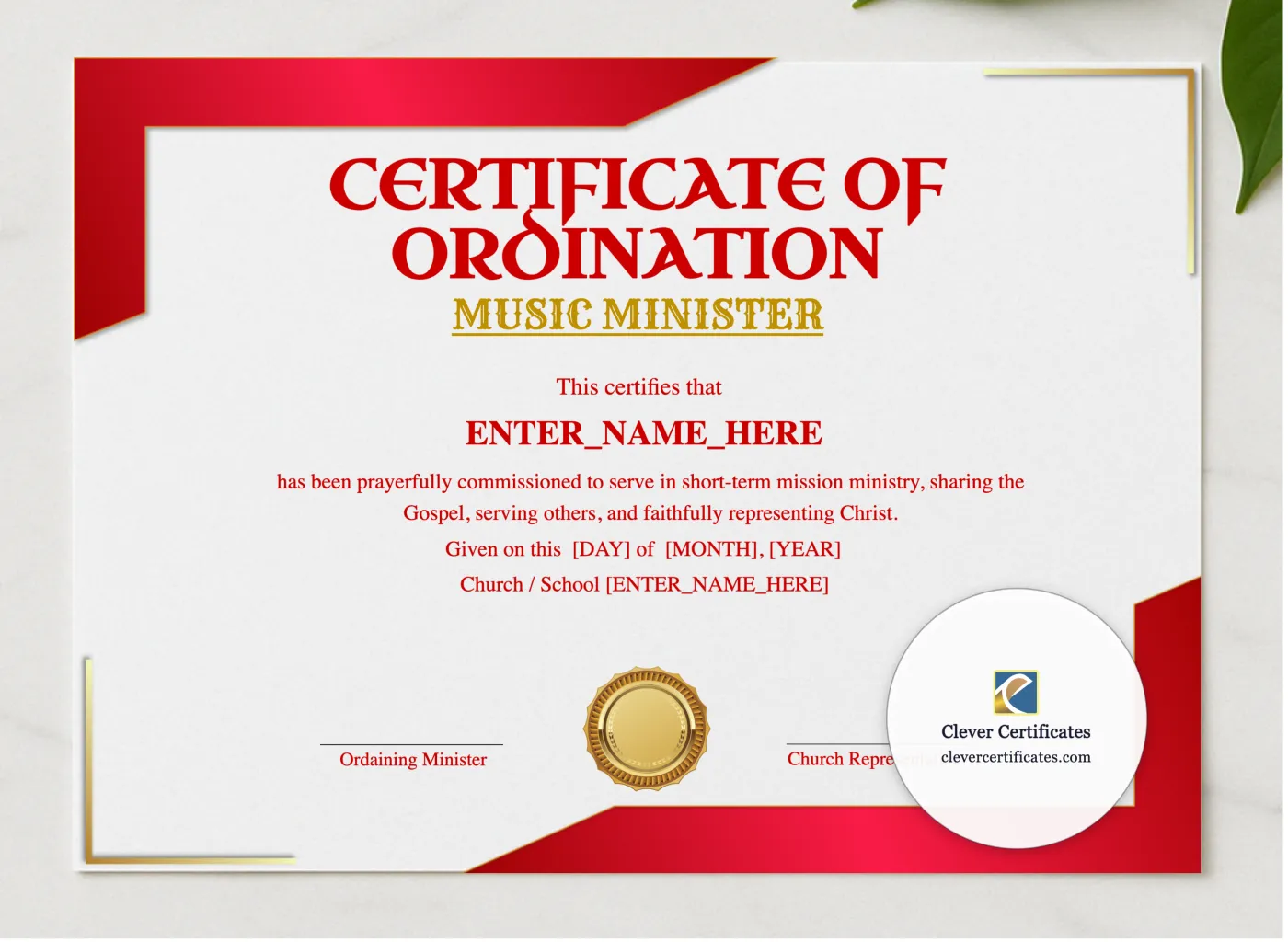 Music Minister Ordination Certificate presented in a sleek wooden frame, elegantly arranged on a stylish table.