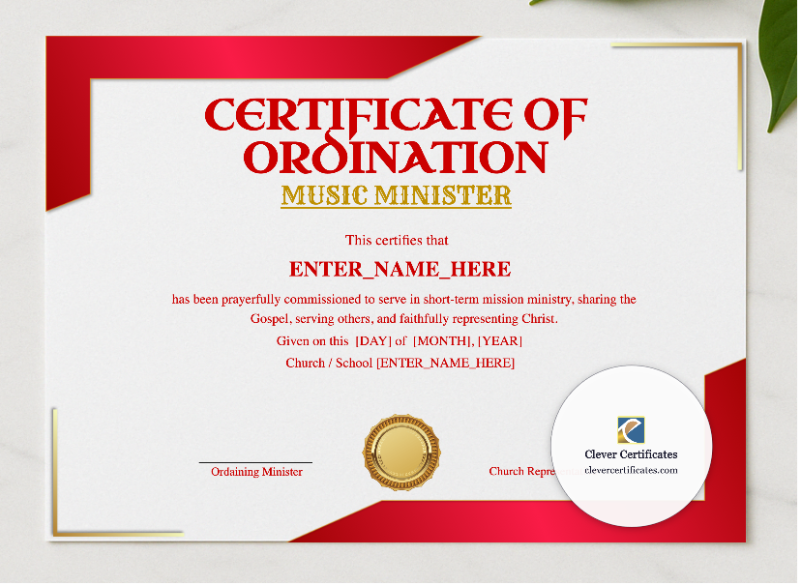 Music Minister Ordination Certificate presented in a sleek wooden frame, elegantly arranged on a stylish table.