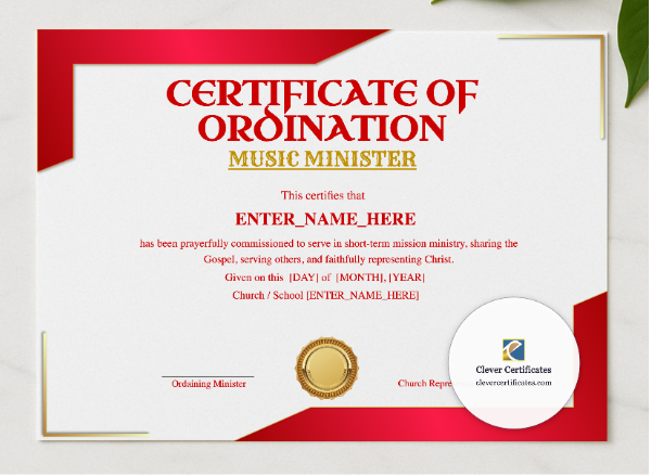 Music Minister Ordination Certificate presented in a sleek wooden frame, elegantly arranged on a stylish table.