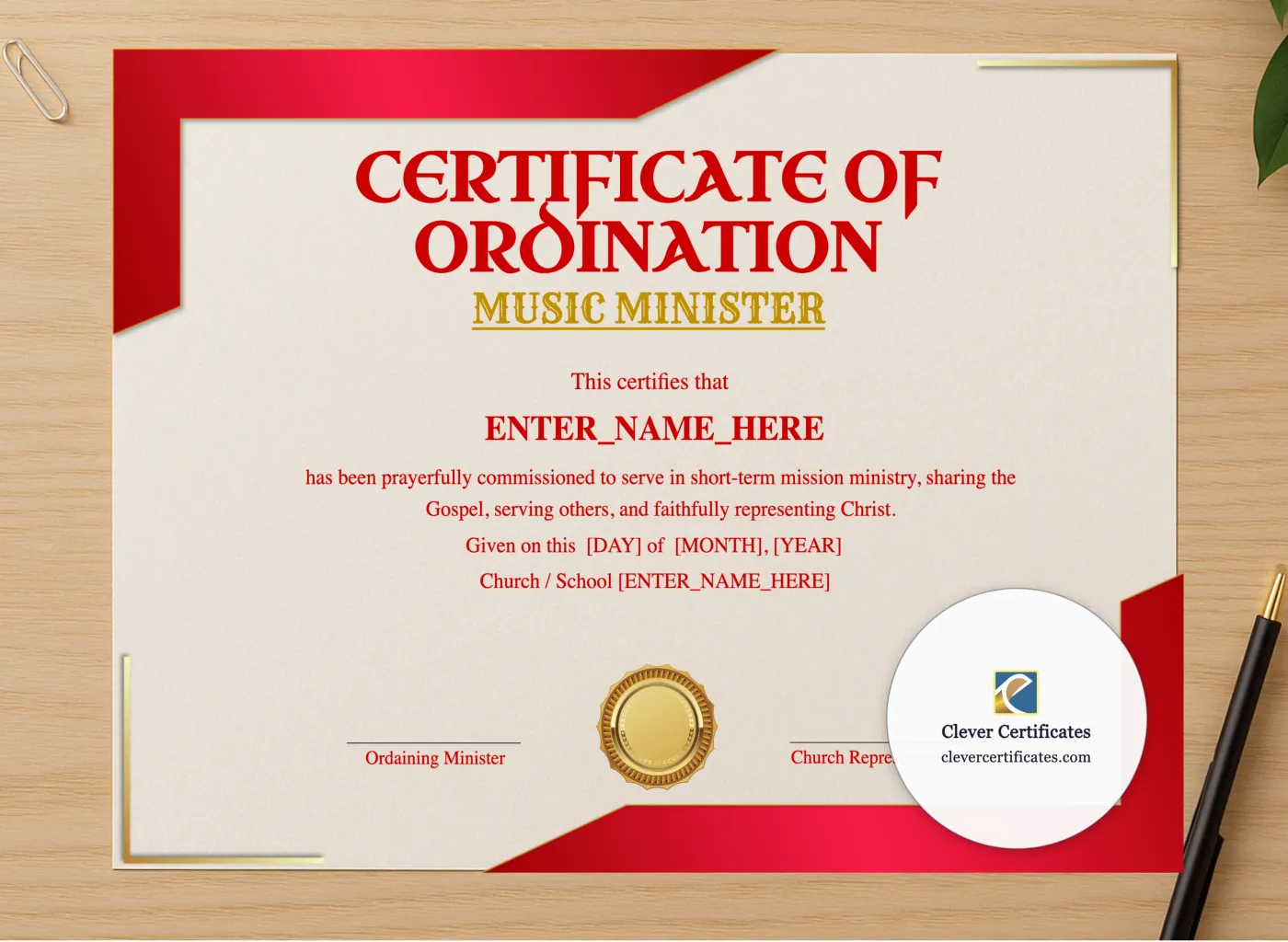 Professional preview of Music Minister Ordination Certificate certificate on high-quality stationery paper, ideal for showcasing the final look.