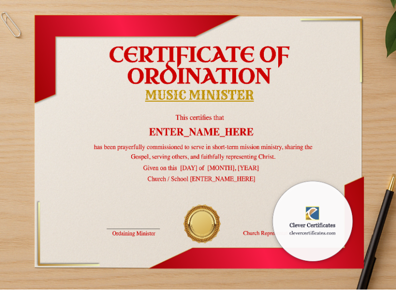 Professional preview of Music Minister Ordination Certificate certificate on high-quality stationery paper, ideal for showcasing the final look.