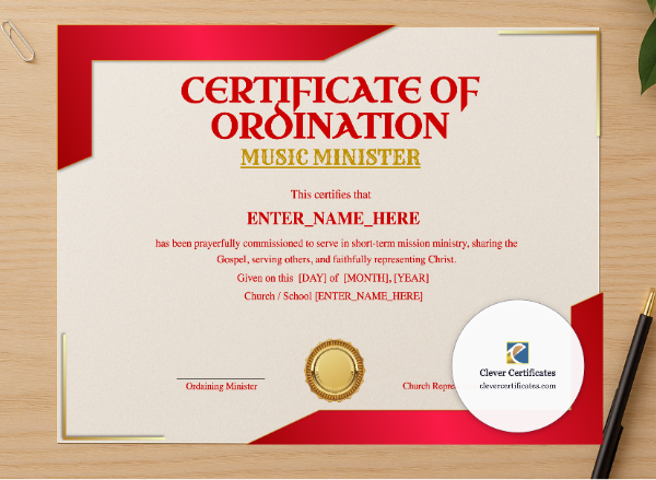 Professional preview of Music Minister Ordination Certificate certificate on high-quality stationery paper, ideal for showcasing the final look.