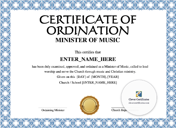 Minister of Music Ordination Certificate · Landscape