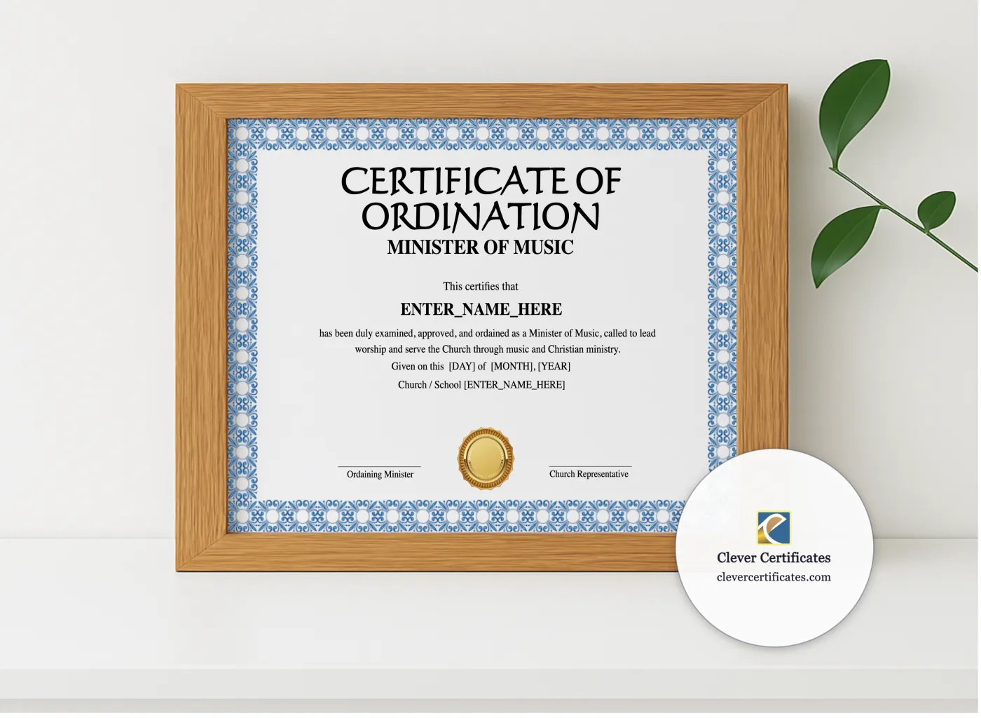 Realistic mockup featuring Minister of Music Ordination Certificate Landscape displayed within a modern frame, set against a minimalistic background.