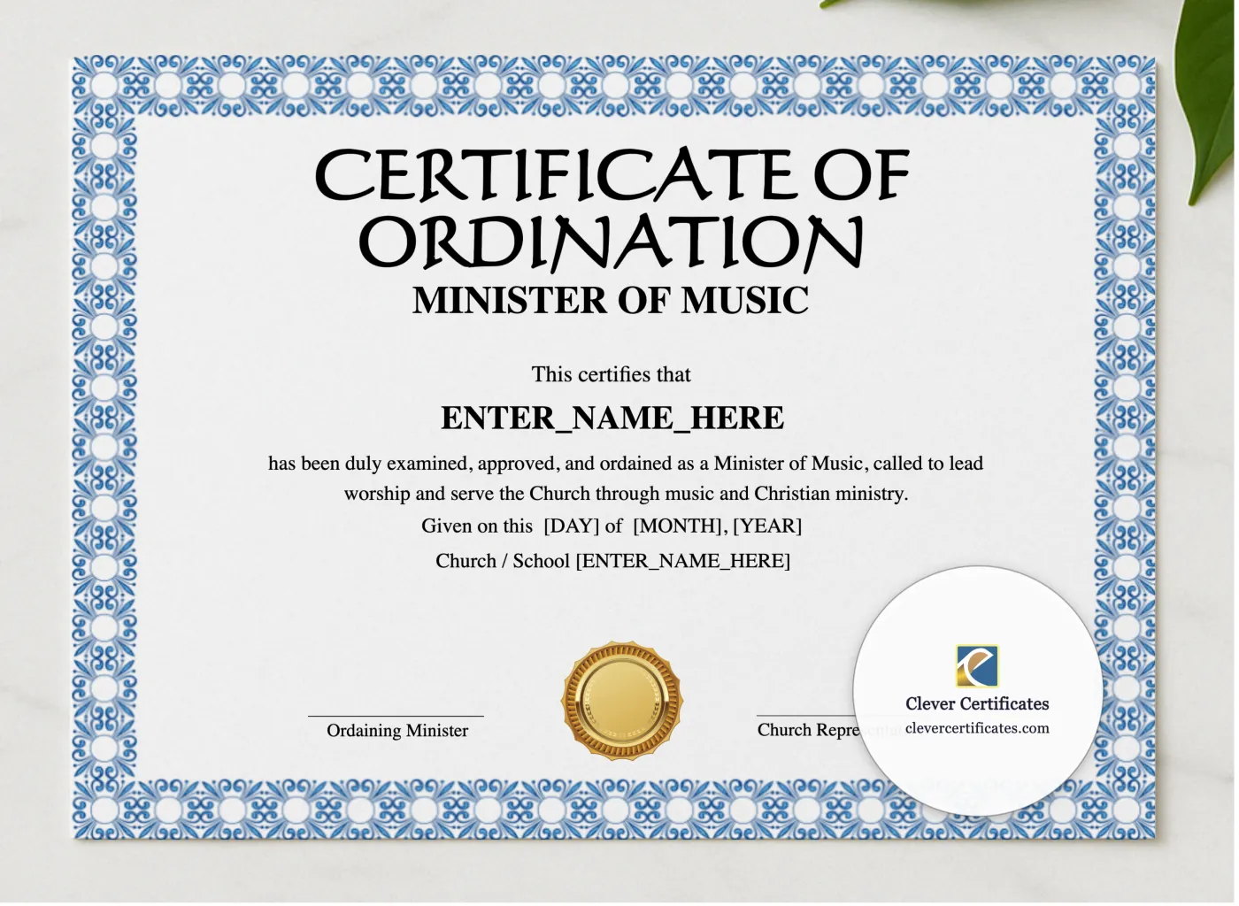 Minister of Music Ordination Certificate Landscape presented in a sleek wooden frame, elegantly arranged on a stylish table.