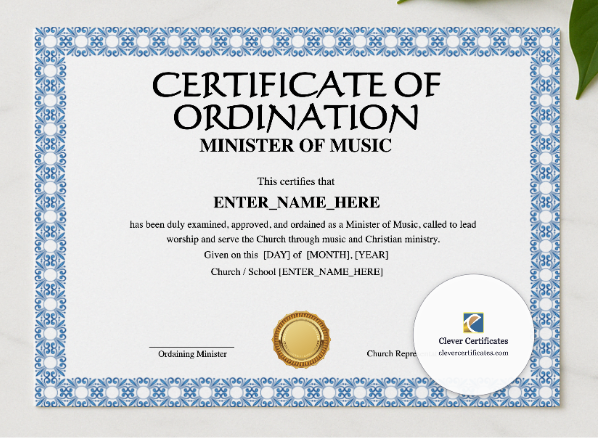 Minister of Music Ordination Certificate Landscape presented in a sleek wooden frame, elegantly arranged on a stylish table.