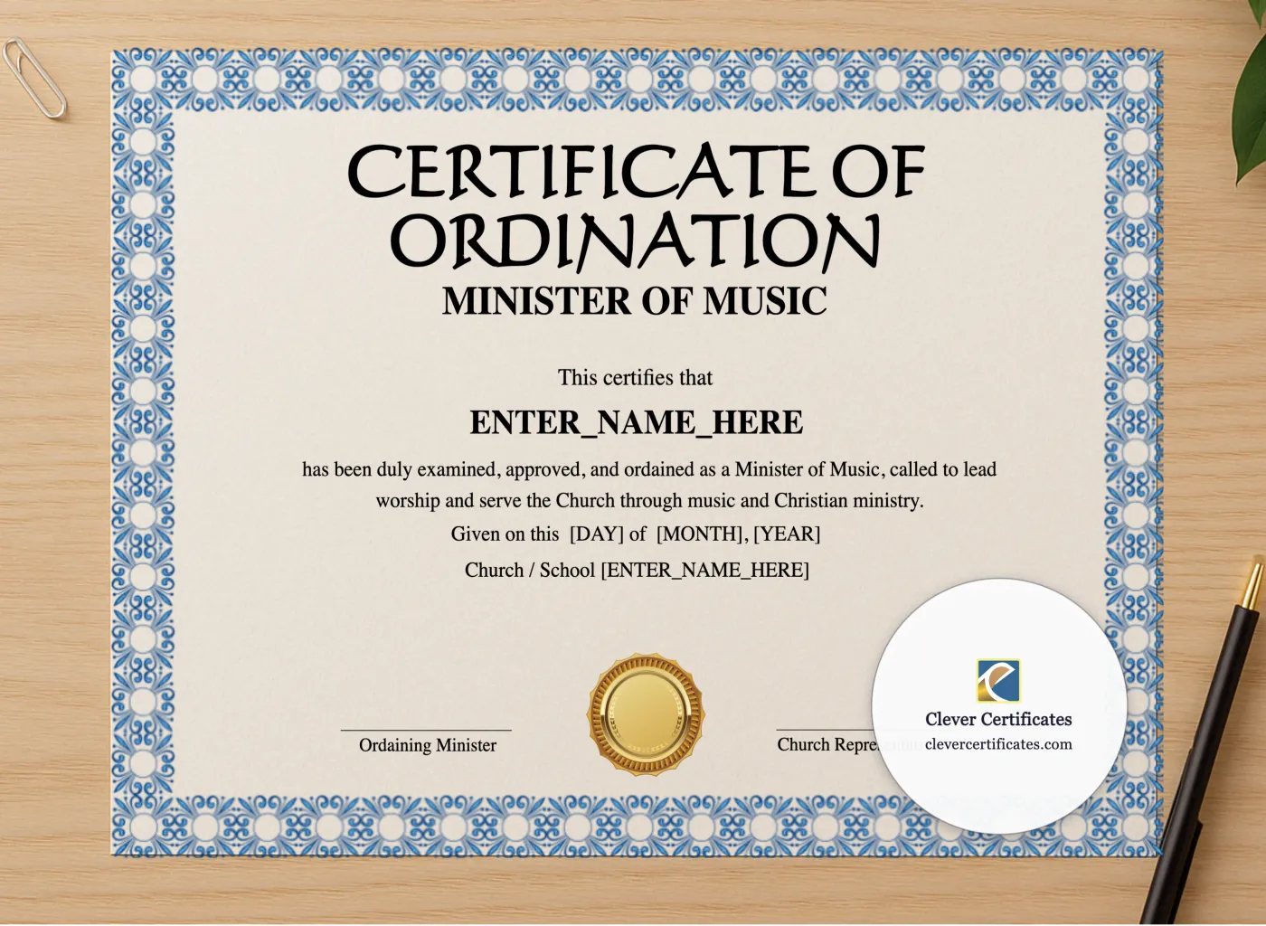 Professional preview of Minister of Music Ordination Certificate Landscape certificate on high-quality stationery paper, ideal for showcasing the final look.