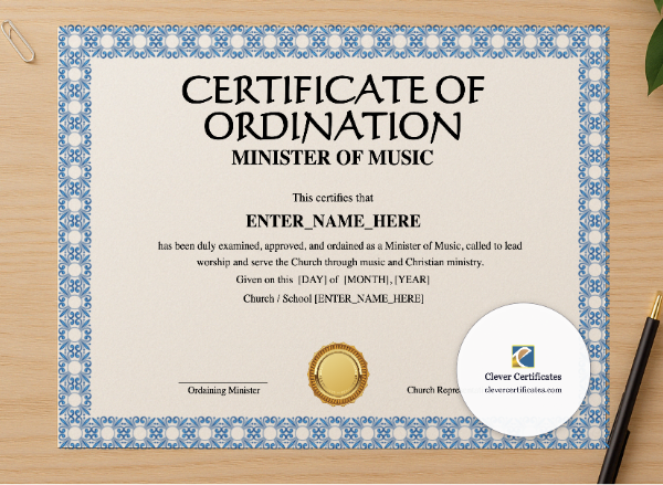 Professional preview of Minister of Music Ordination Certificate Landscape certificate on high-quality stationery paper, ideal for showcasing the final look.