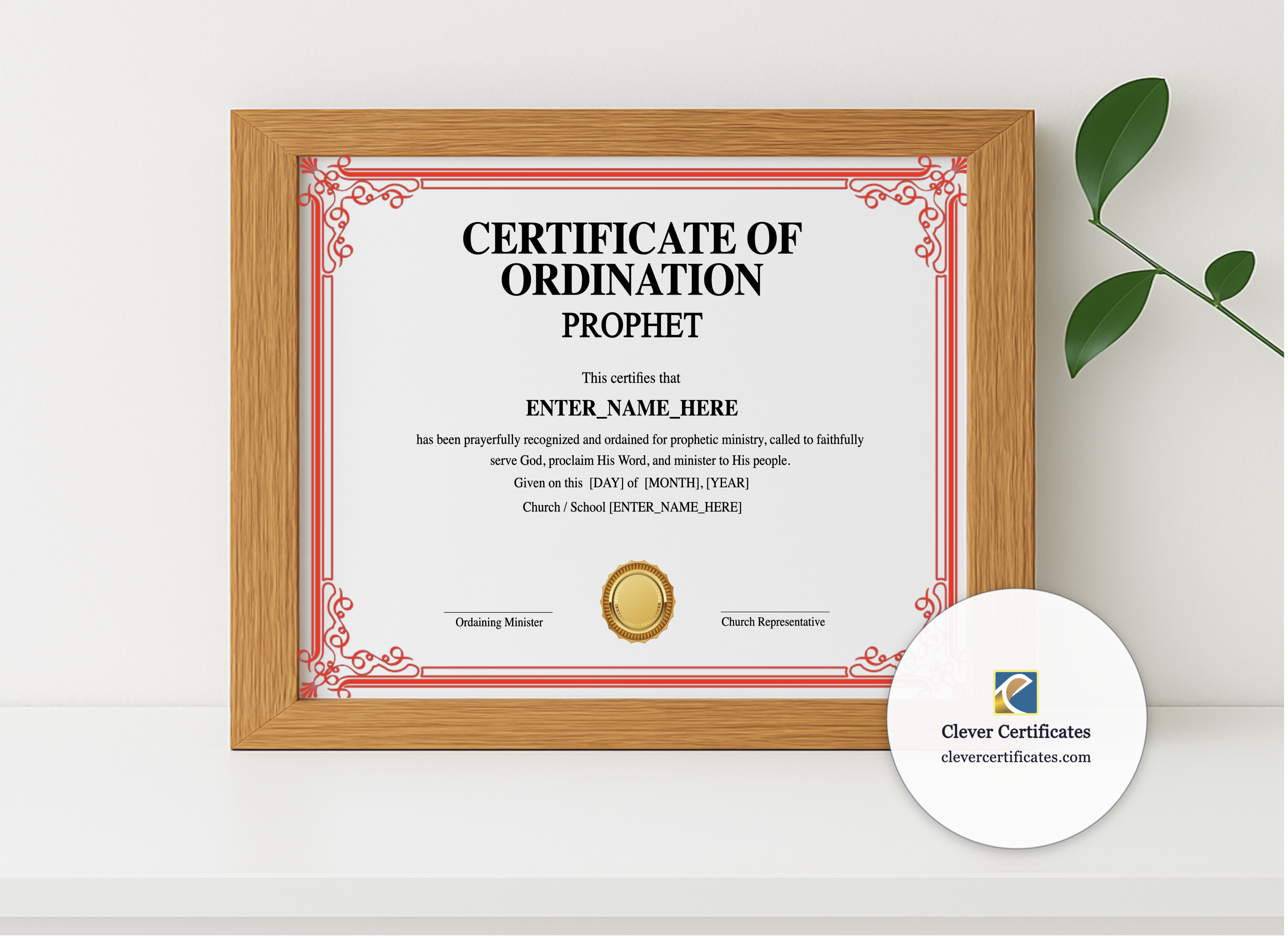 Realistic mockup featuring Prophet Ordination Certificate Landscape displayed within a modern frame, set against a minimalistic background.