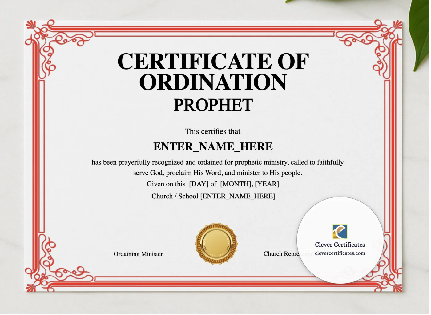 Prophet Ordination Certificate Landscape presented in a sleek wooden frame, elegantly arranged on a stylish table.