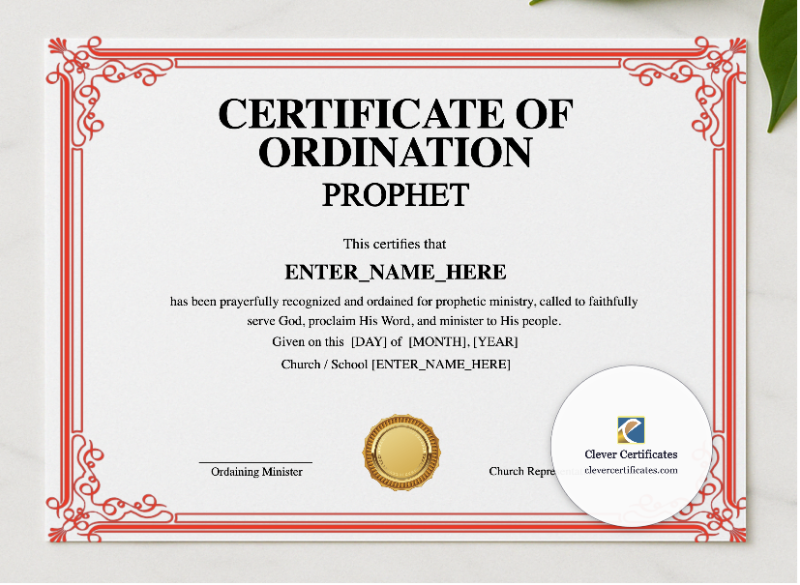 Prophet Ordination Certificate Landscape presented in a sleek wooden frame, elegantly arranged on a stylish table.