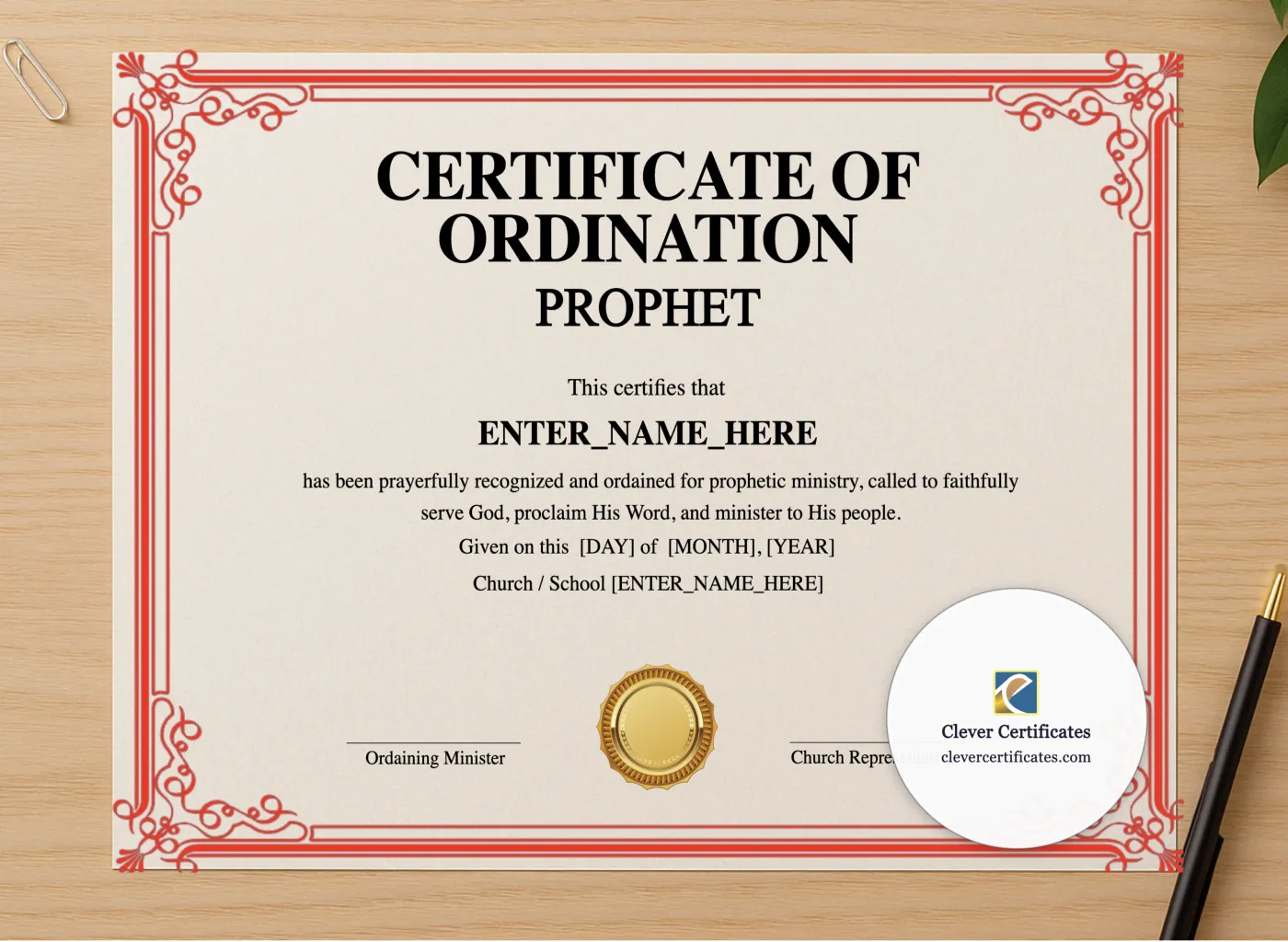 Professional preview of Prophet Ordination Certificate Landscape certificate on high-quality stationery paper, ideal for showcasing the final look.