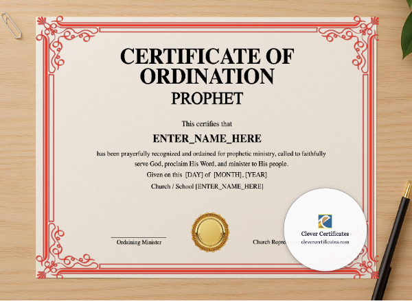 Professional preview of Prophet Ordination Certificate Landscape certificate on high-quality stationery paper, ideal for showcasing the final look.