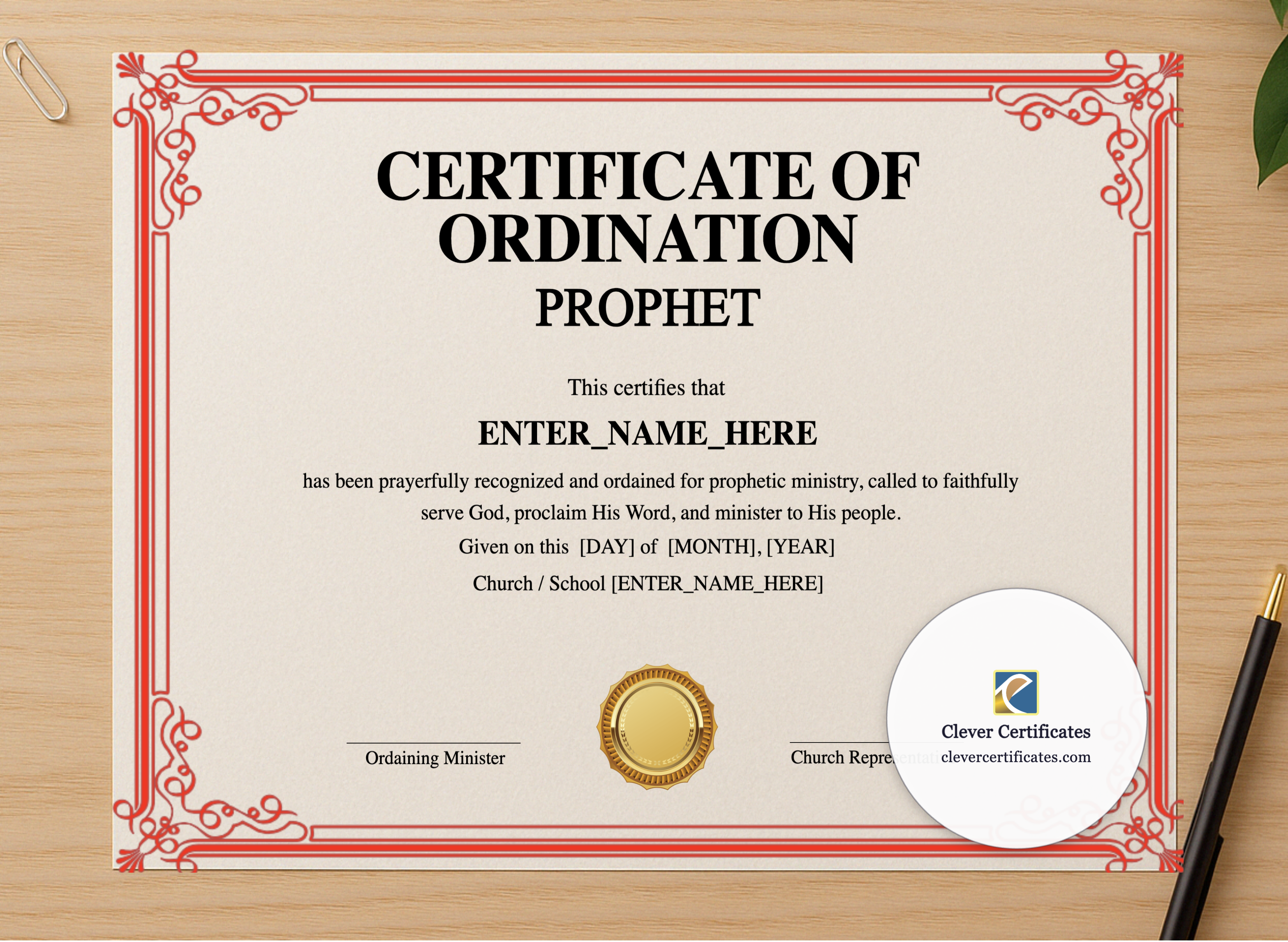 Professional preview of Prophet Ordination Certificate Landscape certificate on high-quality stationery paper, ideal for showcasing the final look.