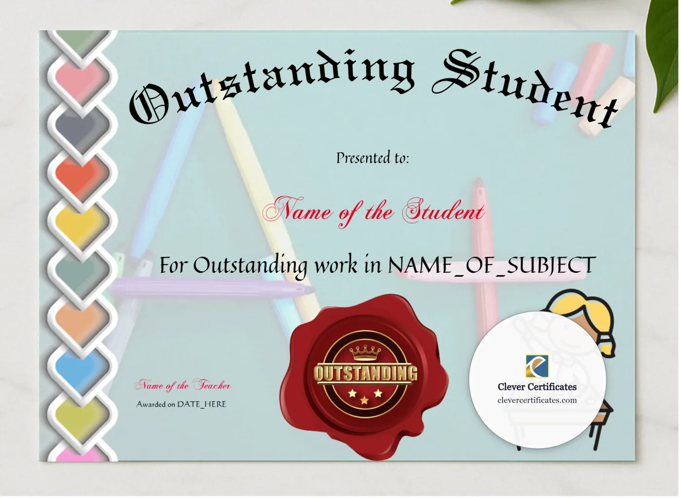 Outstanding Student Award presented in a sleek wooden frame, elegantly arranged on a stylish table.