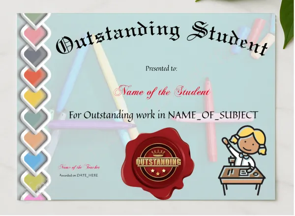 Outstanding Student Award presented in a sleek wooden frame, elegantly arranged on a stylish table.