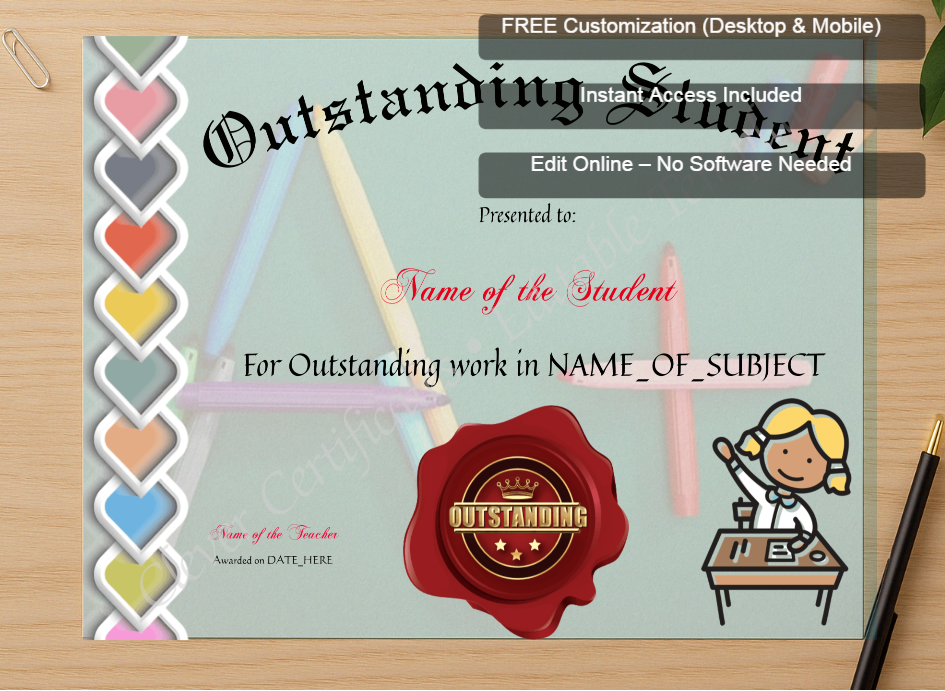 Zoomed preview with Free Editor badge stack for Outstanding Student Award