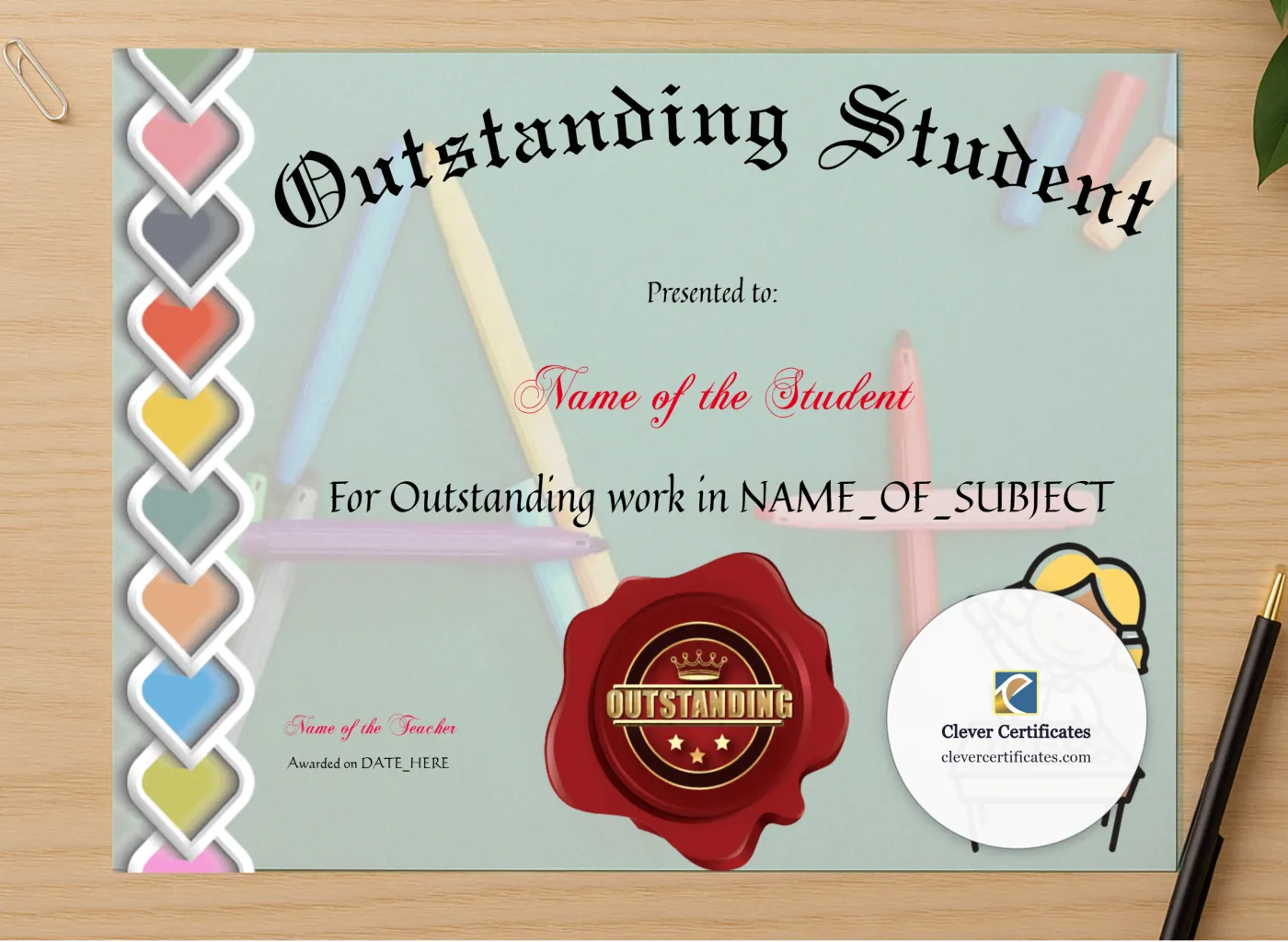 Professional preview of Outstanding Student Award certificate on high-quality stationery paper, ideal for showcasing the final look.