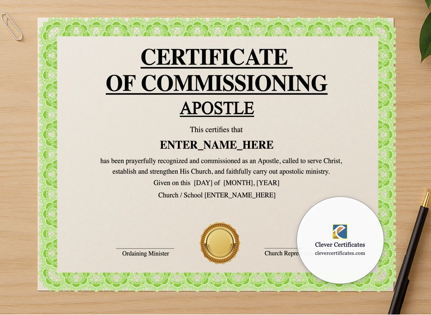 Professional preview of Certificate of Commissioning for Apostle Landscape certificate on high-quality stationery paper, ideal for showcasing the final look.