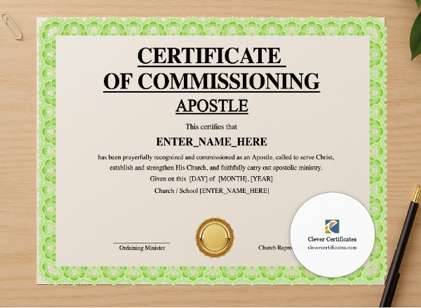 Professional preview of Certificate of Commissioning for Apostle Landscape certificate on high-quality stationery paper, ideal for showcasing the final look.