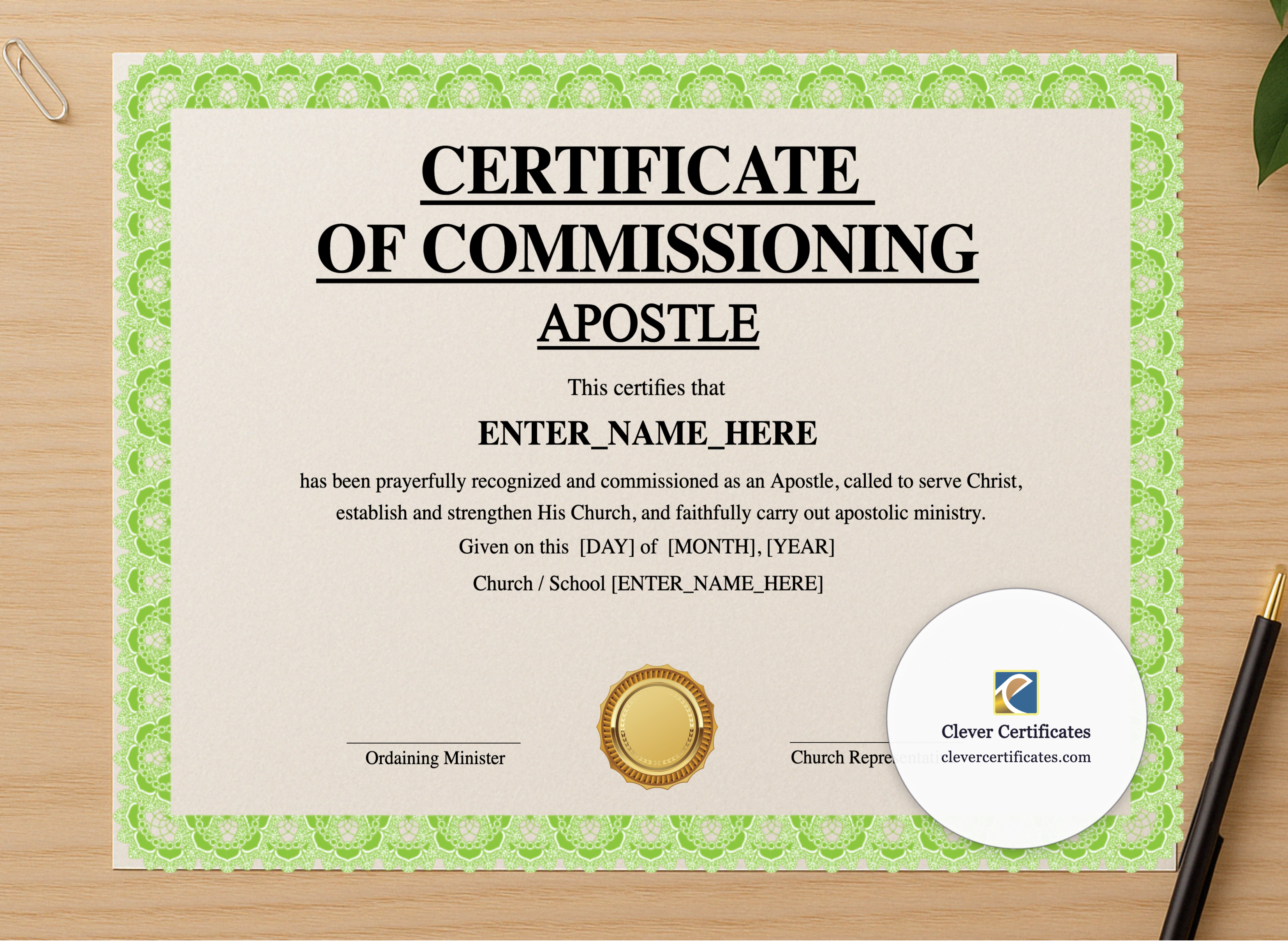 Professional preview of Certificate of Commissioning for Apostle Landscape certificate on high-quality stationery paper, ideal for showcasing the final look.