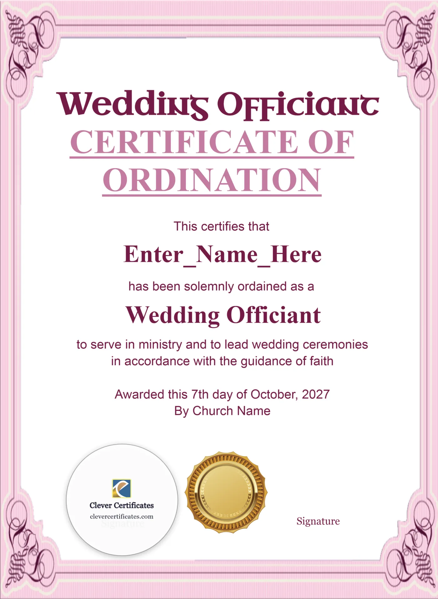 Certificate of Ordination for Wedding Officiant Portrait — Certificate Template Preview