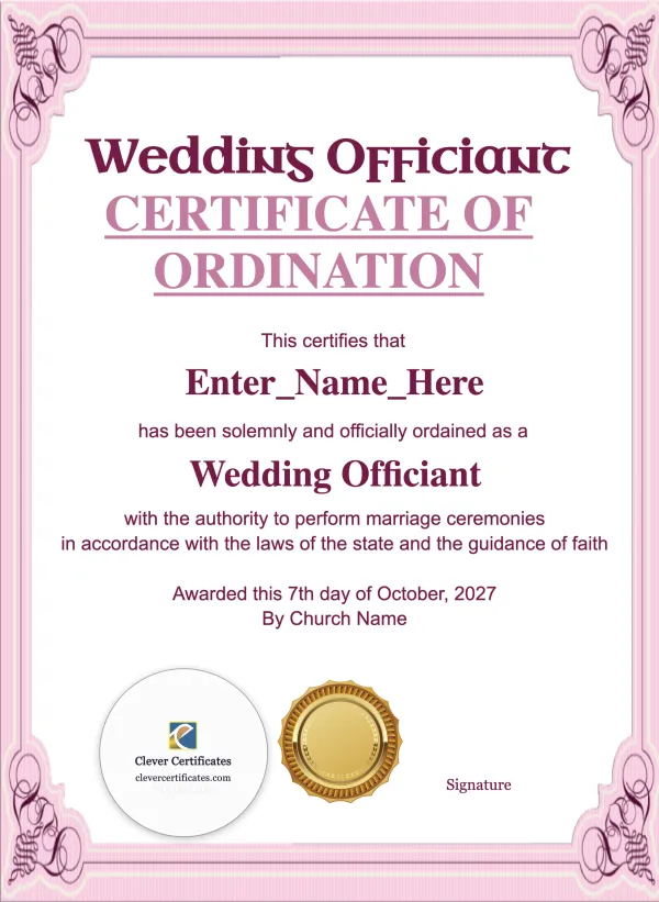 Certificate of Ordination for Wedding Officiant Portrait — Certificate Template Preview