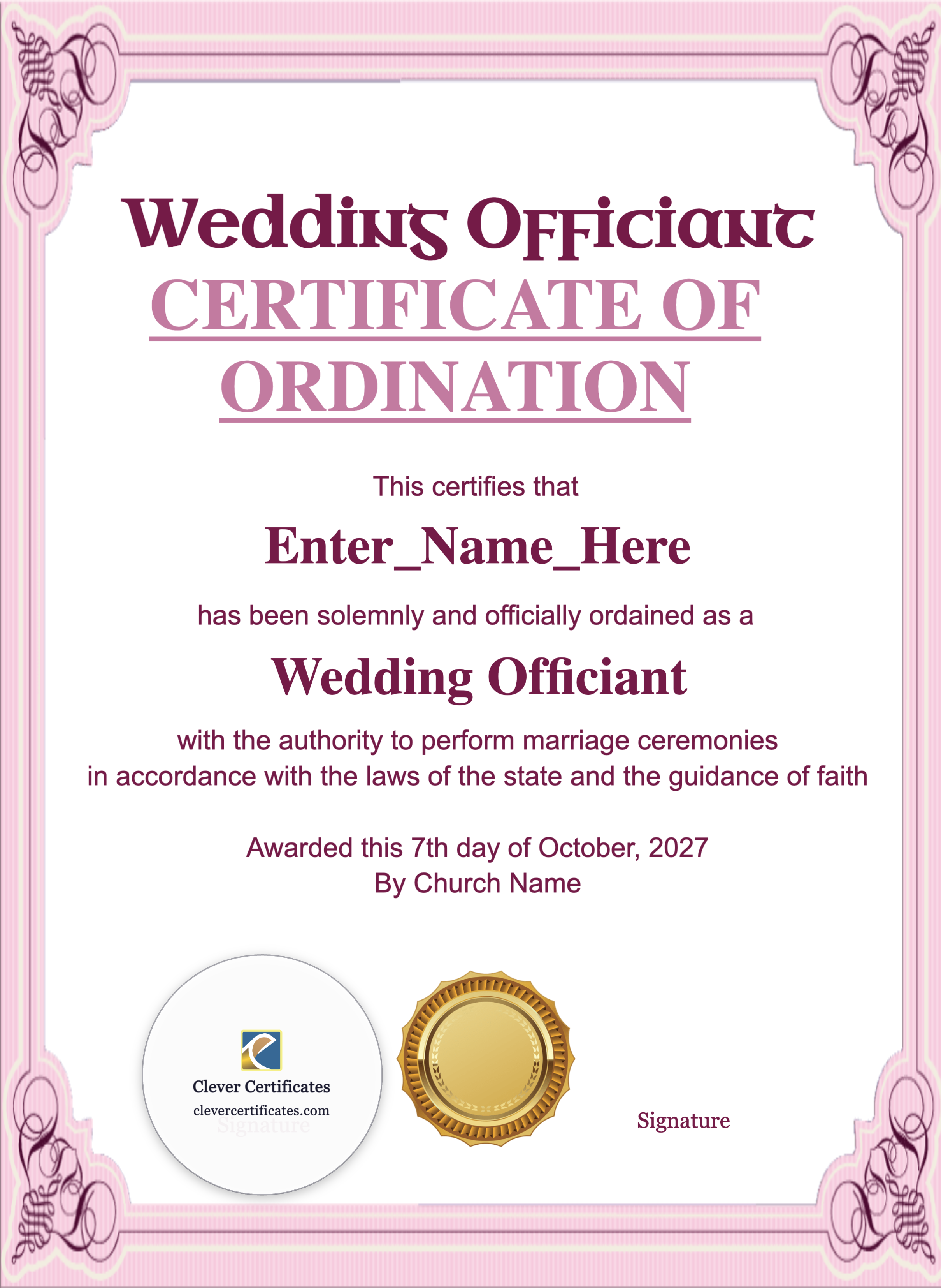 Certificate of Ordination for Wedding Officiant Portrait — Certificate Template Preview
