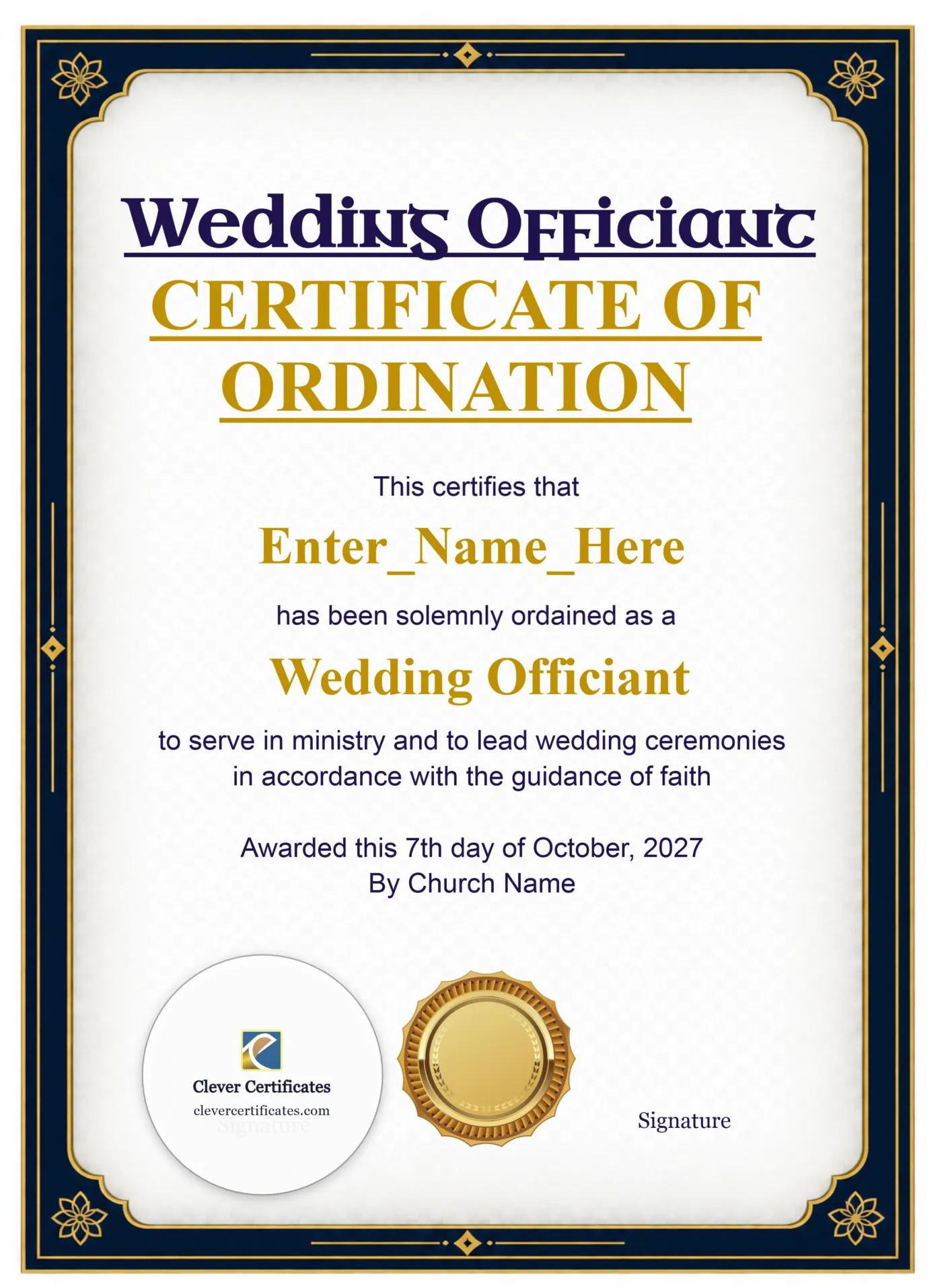 Wedding Officiant Ordination Certificate Portrait — Certificate Template Preview