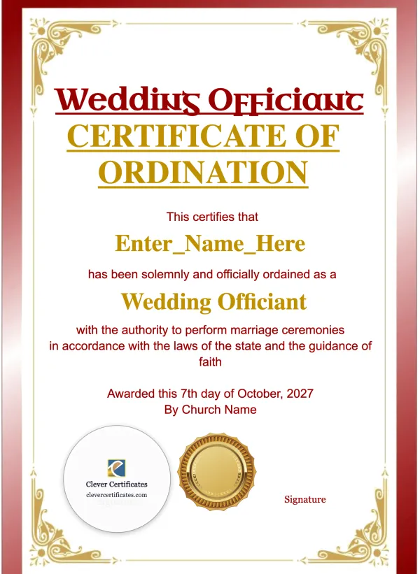 Wedding Officiant Ordination Certificate Portrait — Certificate Template Preview