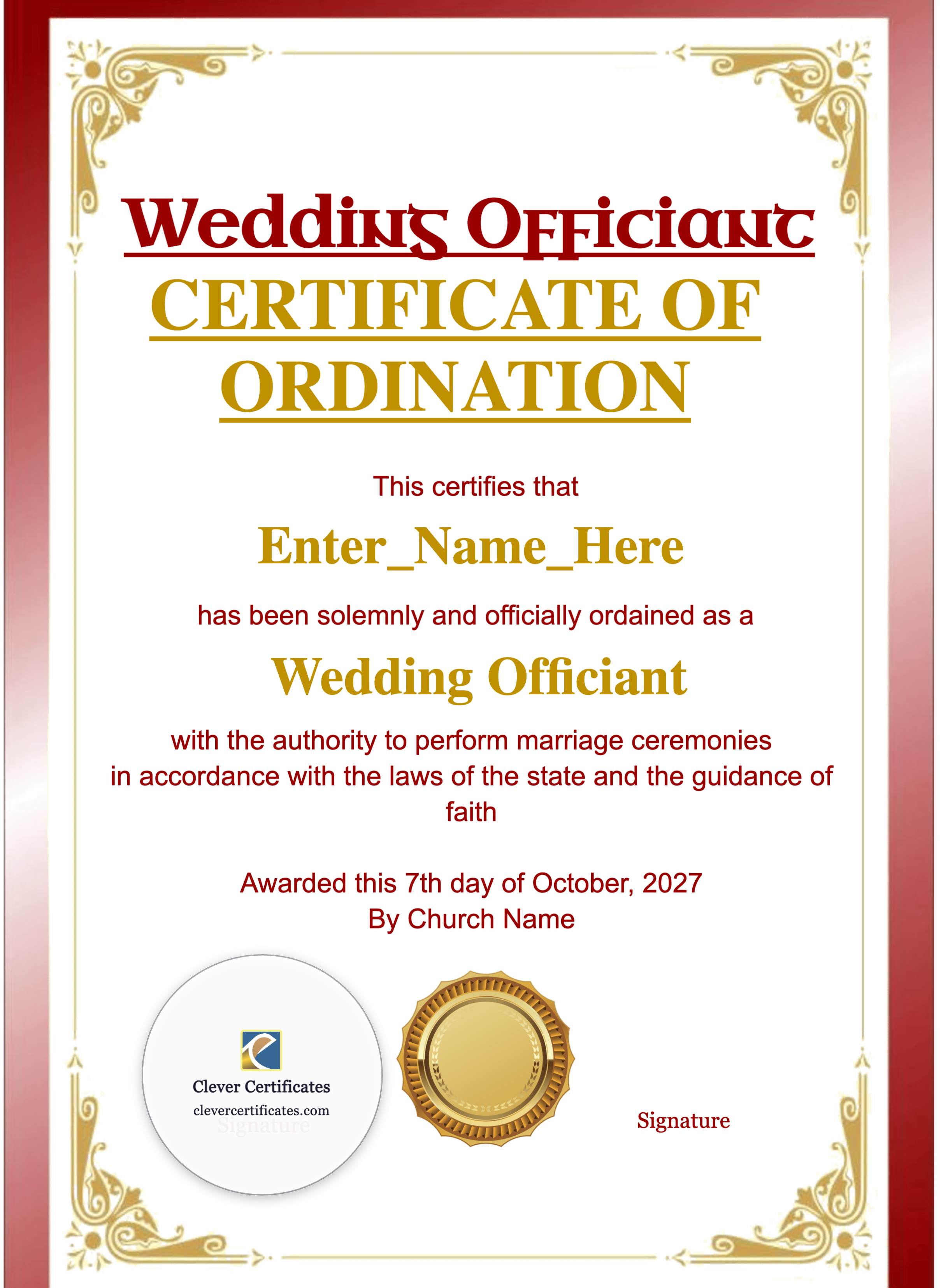 Wedding Officiant Ordination Certificate Portrait — Certificate Template Preview