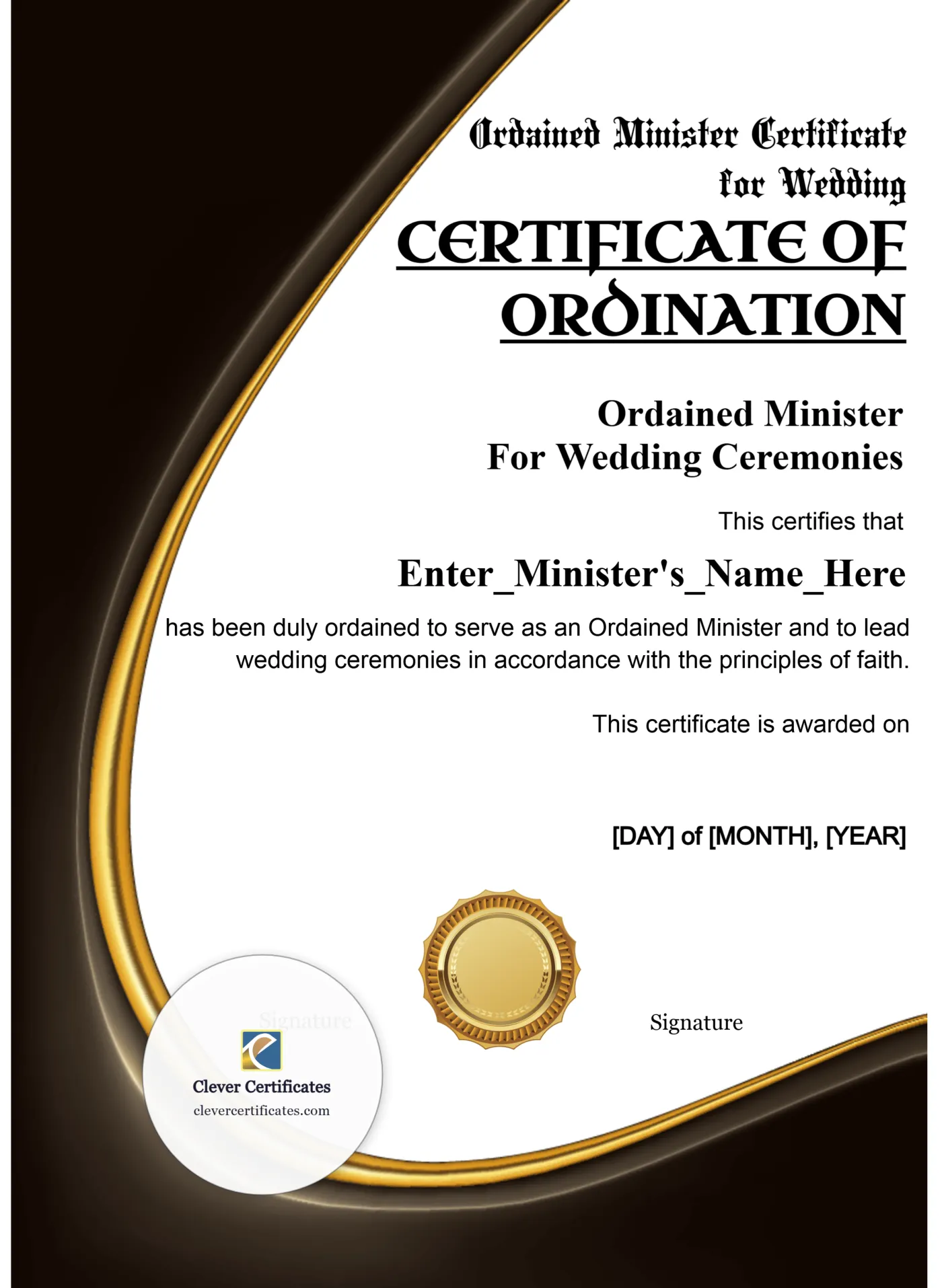 Ordained Minister Certificate for Wedding Portrait — Certificate Template Preview