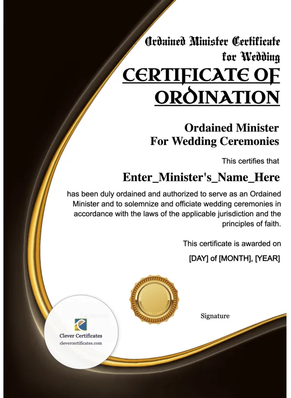 Ordained Minister Certificate for Wedding Portrait — Certificate Template Preview