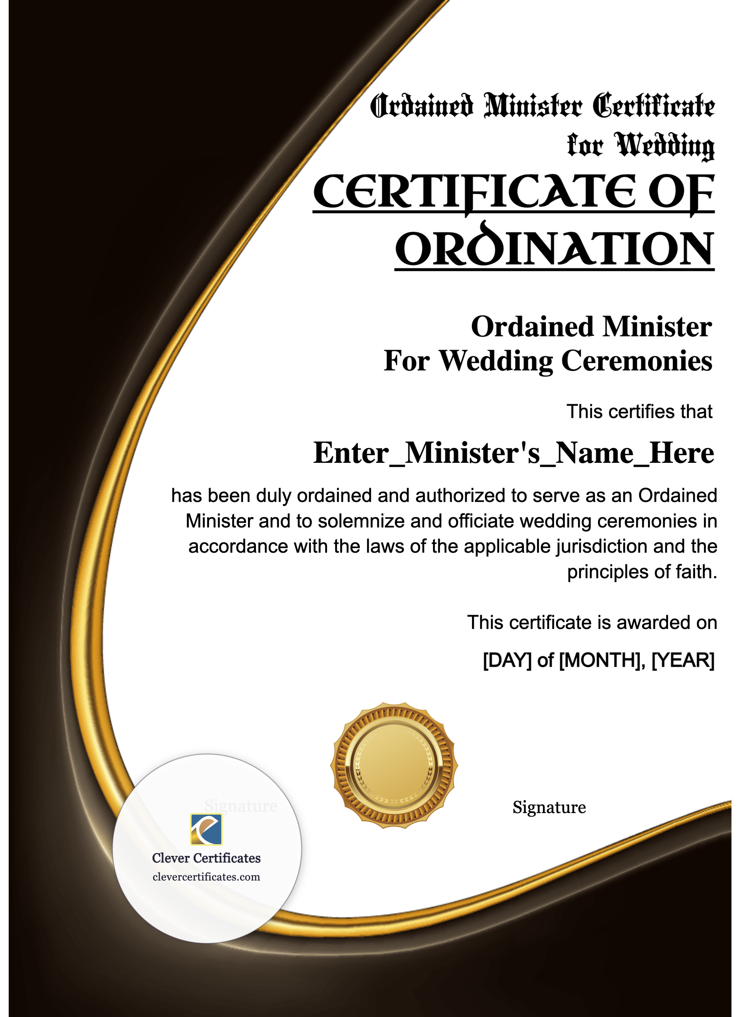 Ordained Minister Certificate for Wedding Portrait — Certificate Template Preview