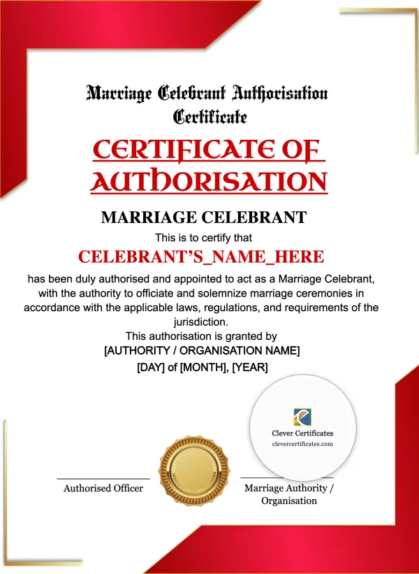 Marriage Celebrant Authorisation Certificate Portrait — Certificate Template Preview