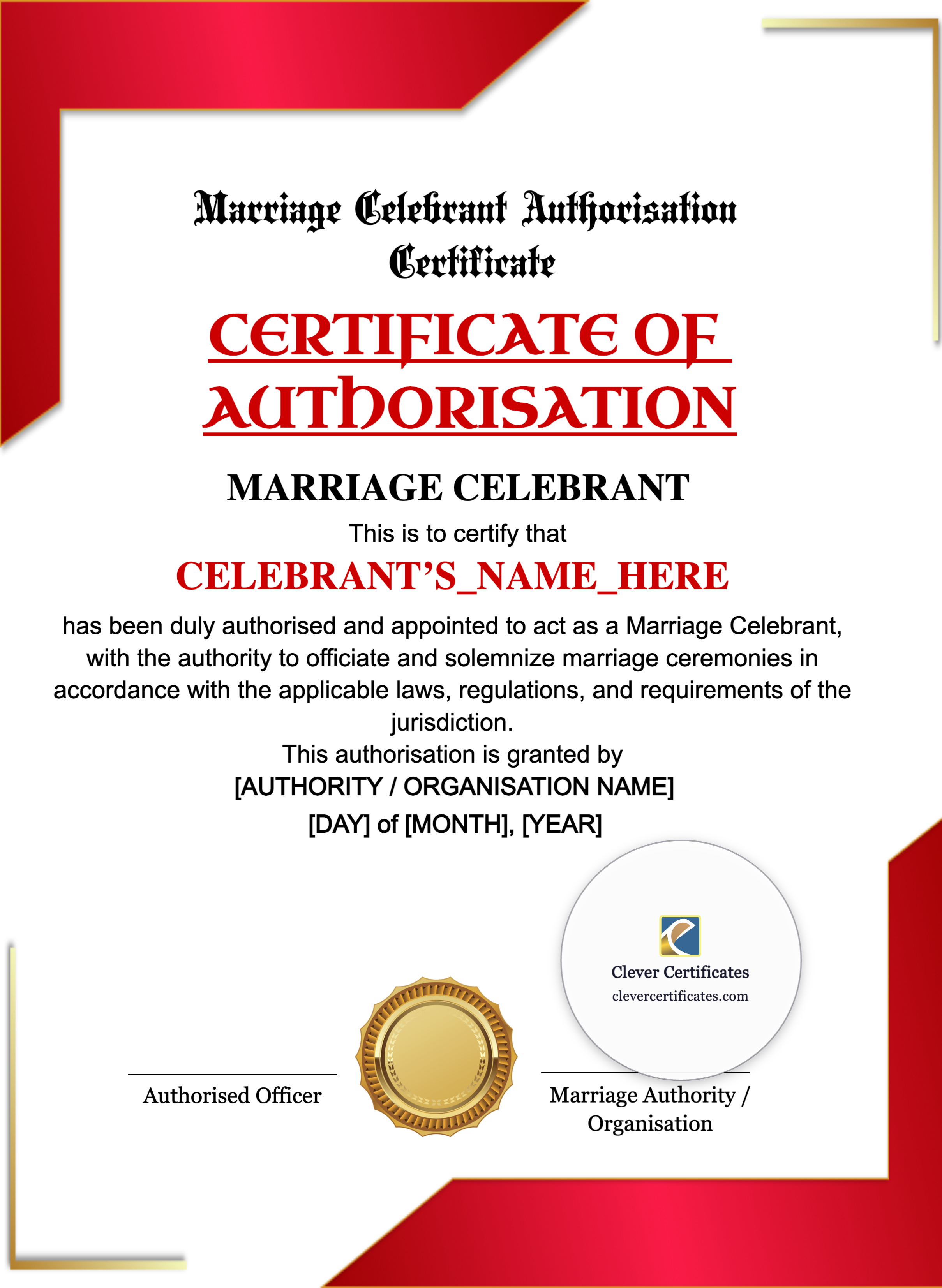 Marriage Celebrant Authorisation Certificate Portrait — Certificate Template Preview