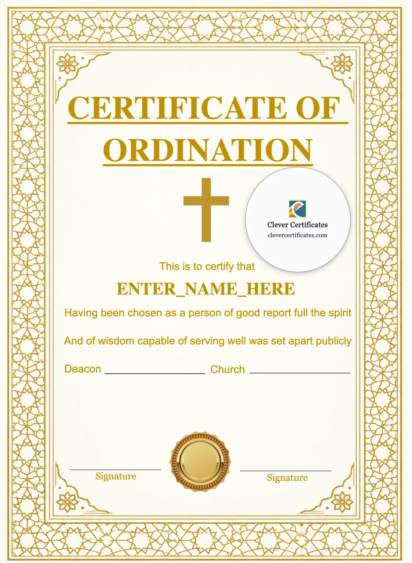 Certificate of Ordination for Church Elder Portrait — Certificate Template Preview