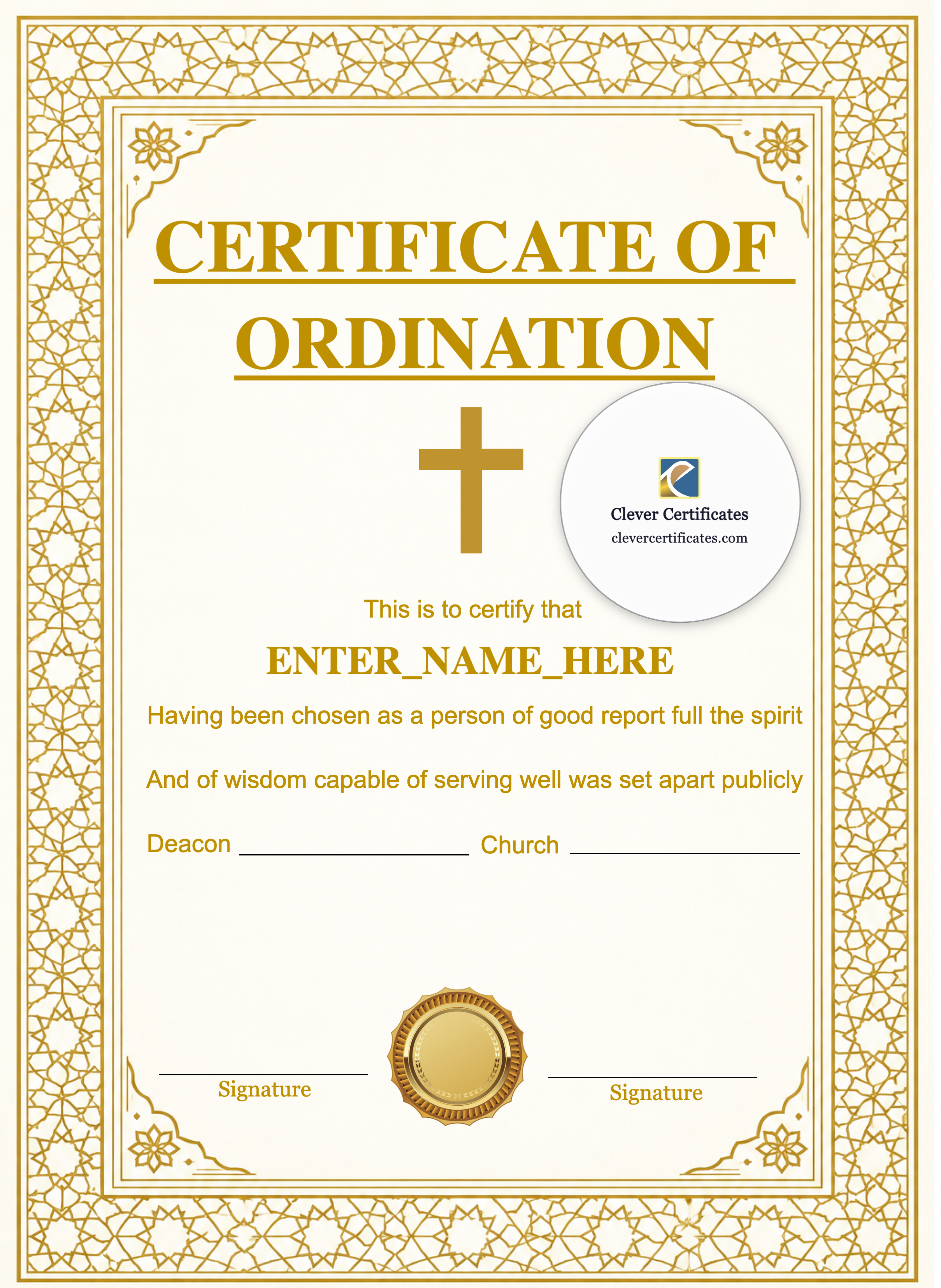 Certificate of Ordination for Church Elder Portrait — Certificate Template Preview