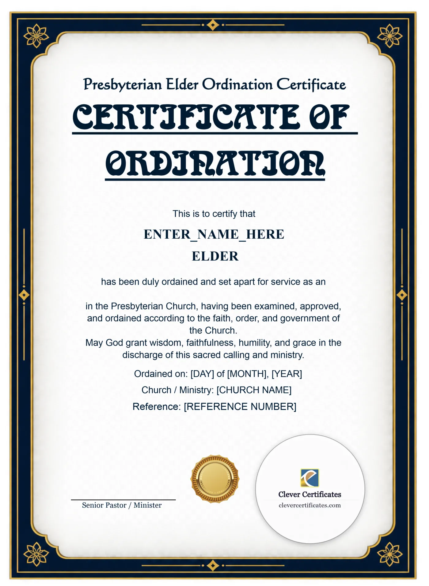 Presbyterian Elder Ordination Certificate Portrait — Certificate Template Preview