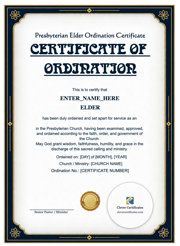 Presbyterian Elder Ordination Certificate Portrait — Certificate Template Preview
