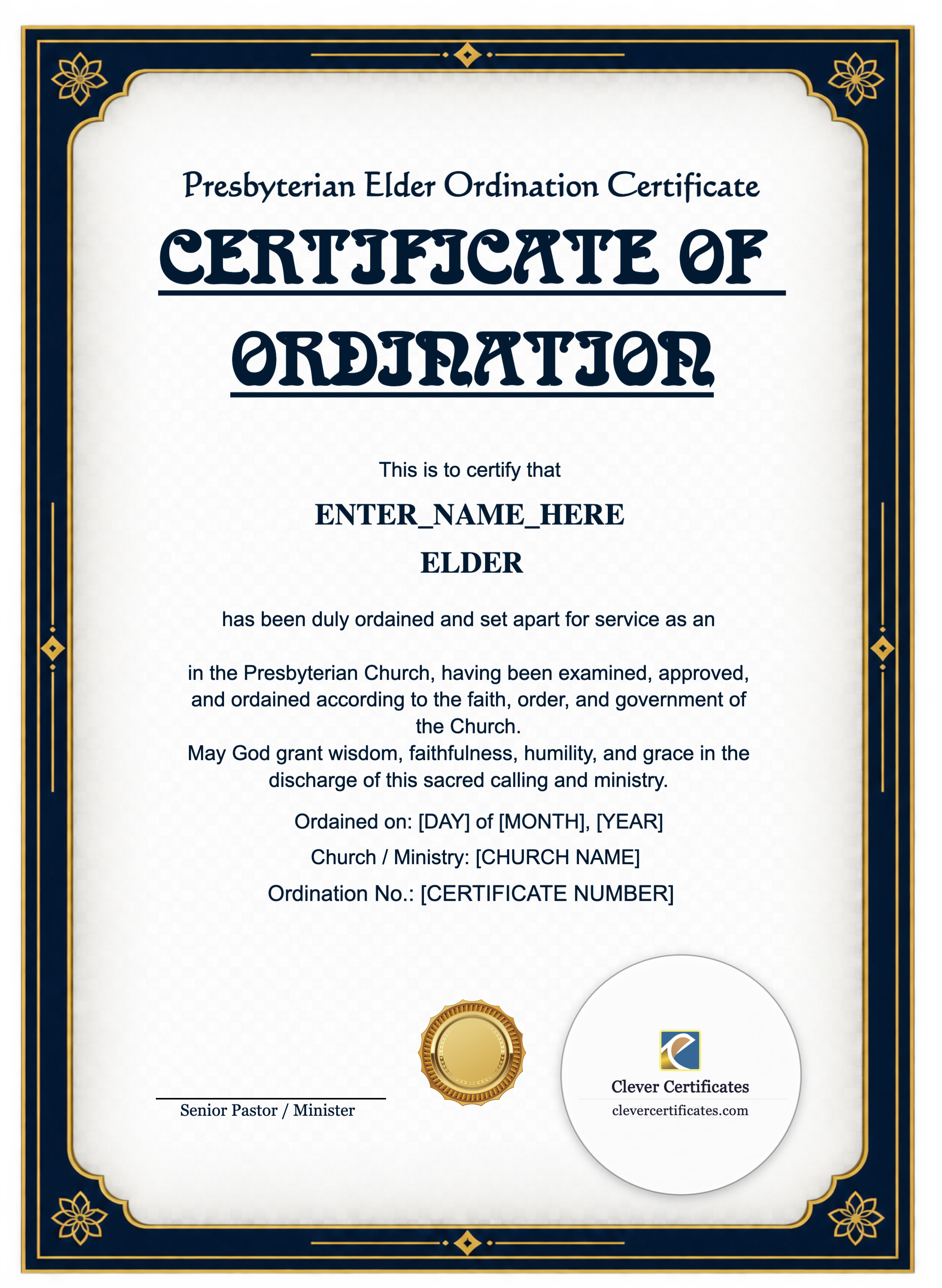 Presbyterian Elder Ordination Certificate Portrait — Certificate Template Preview