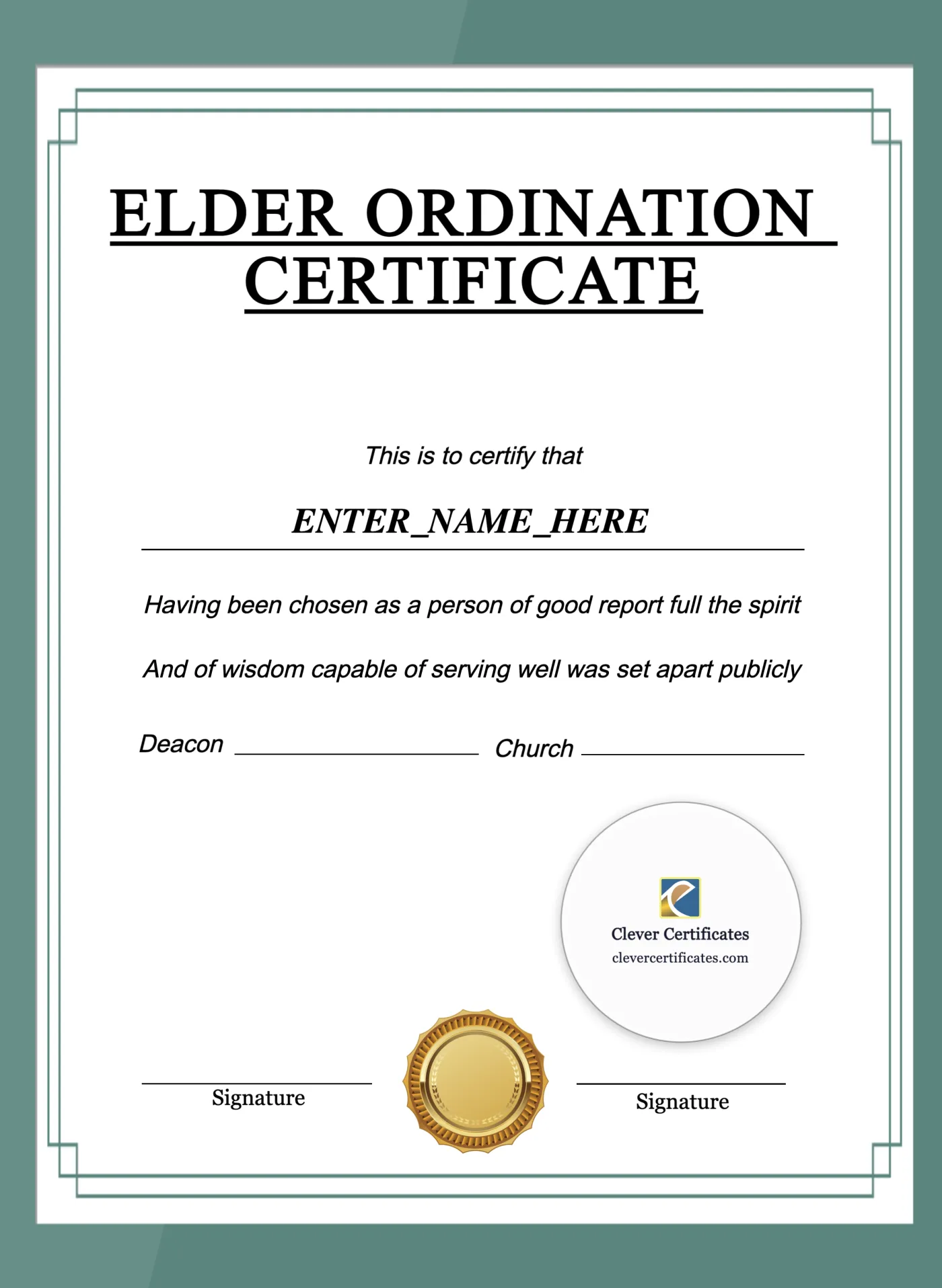 Baptist Church Elder Ordination Certificate Portrait — Certificate Template Preview