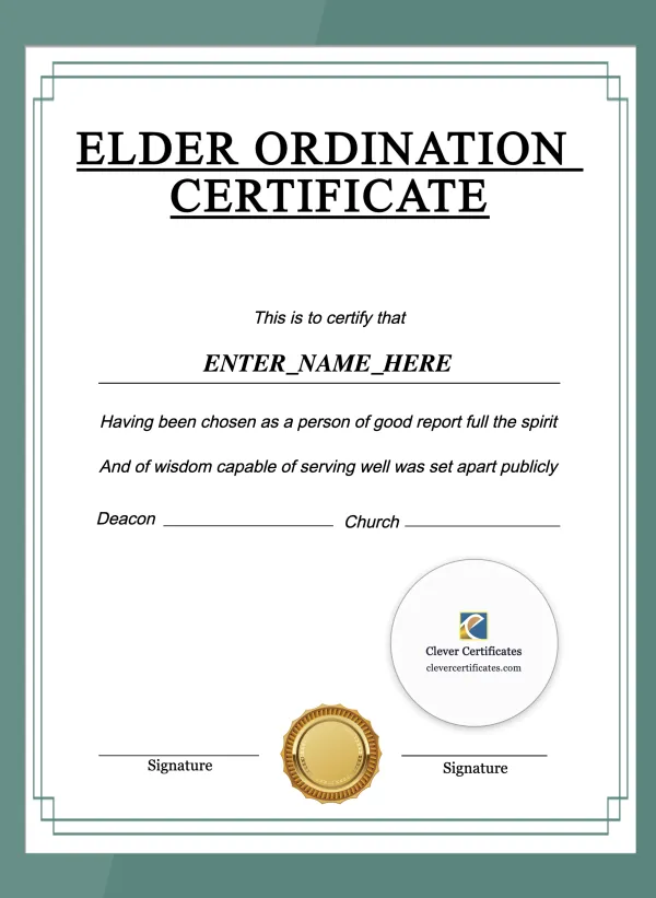 Baptist Church Elder Ordination Certificate Portrait — Certificate Template Preview