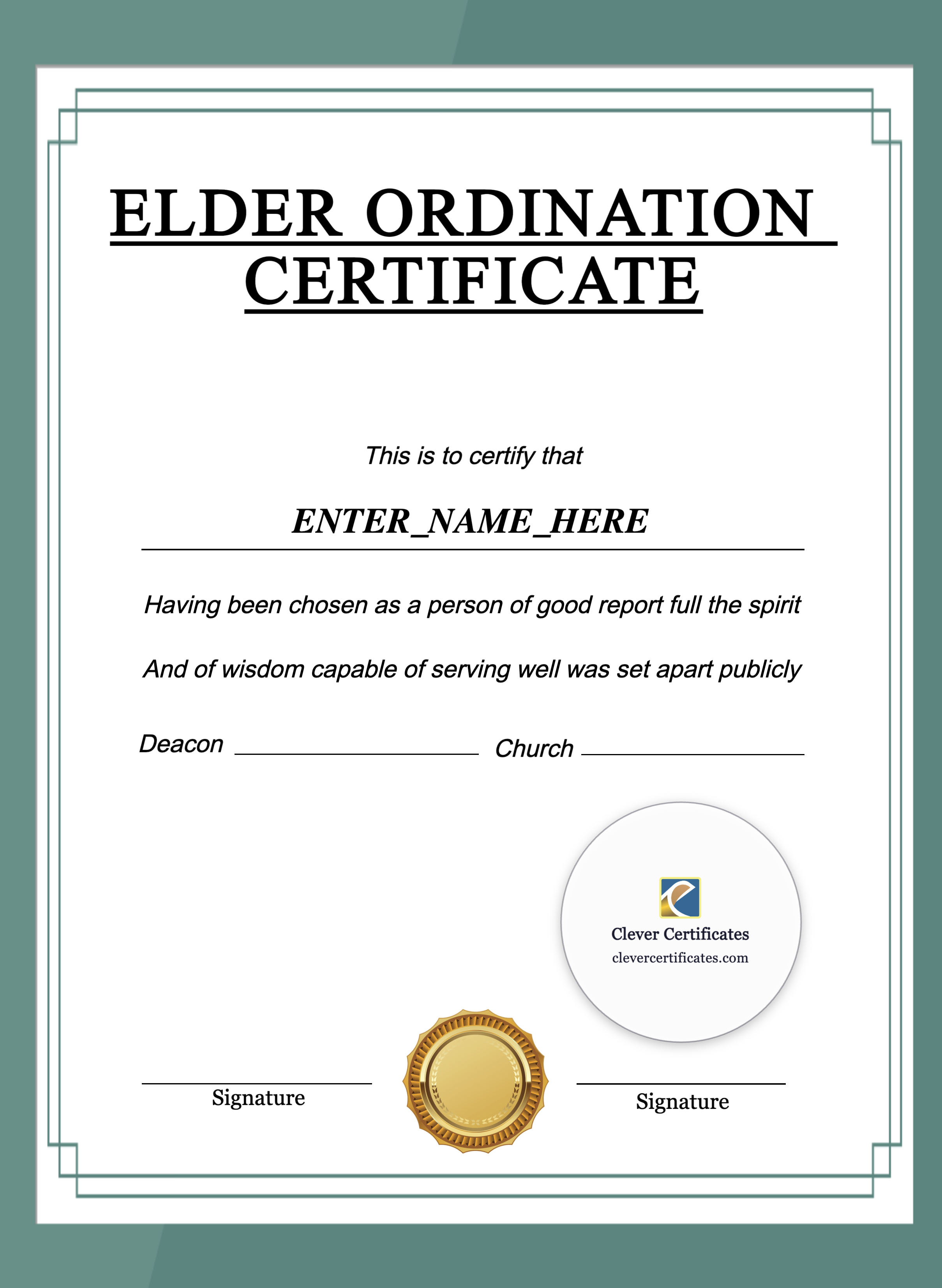 Baptist Church Elder Ordination Certificate Portrait — Certificate Template Preview