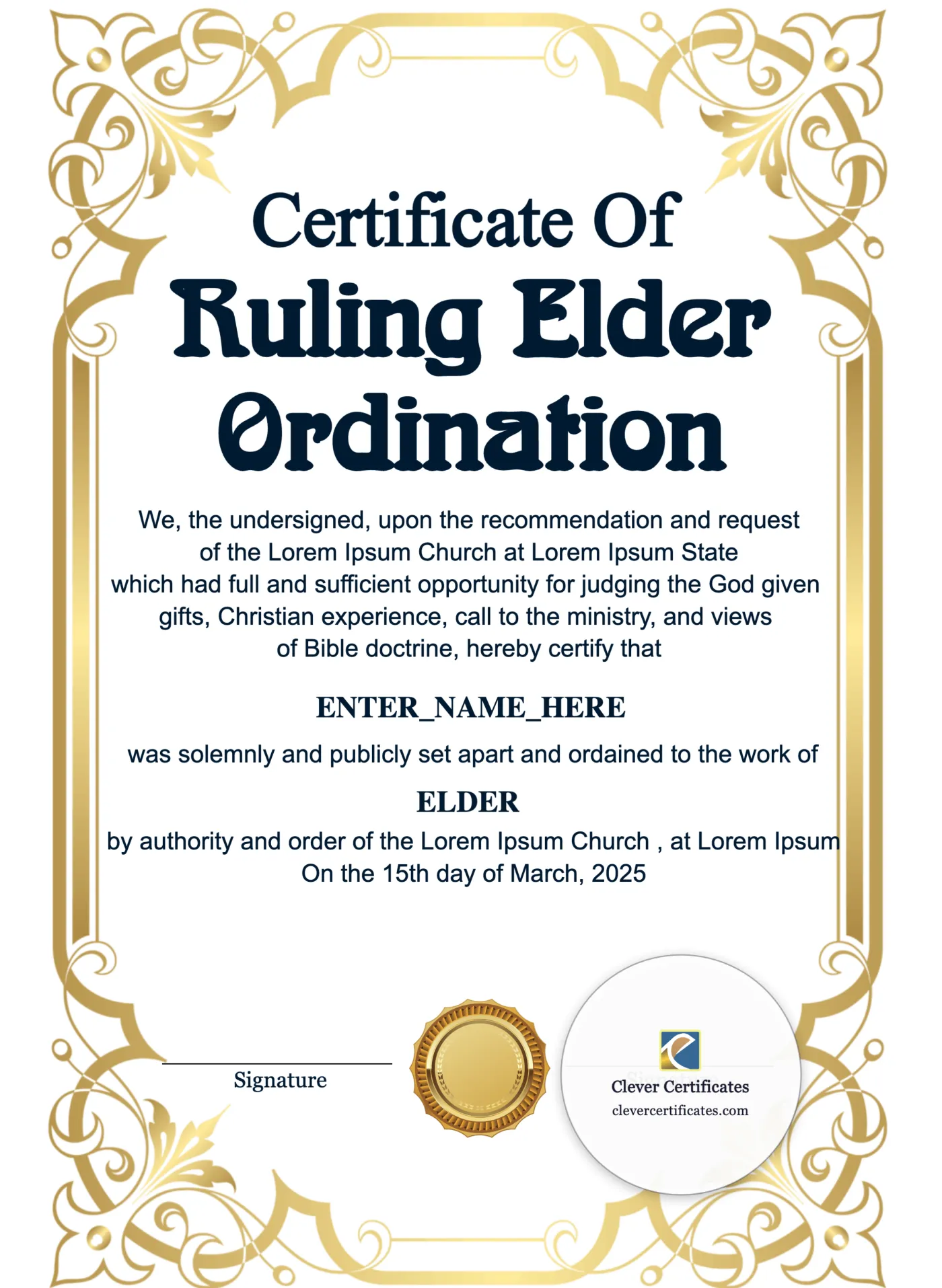 Ruling Elder Ordination Certificate Portrait — Certificate Template Preview