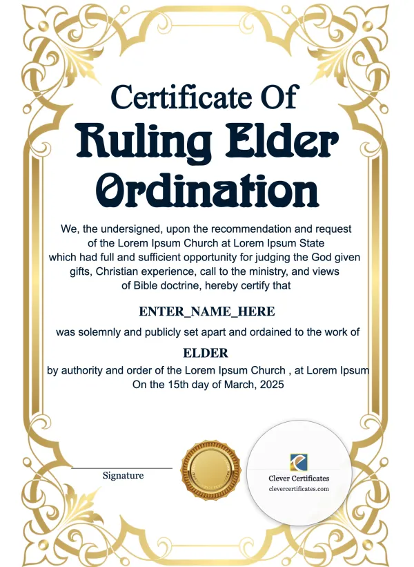 Ruling Elder Ordination Certificate Portrait — Certificate Template Preview