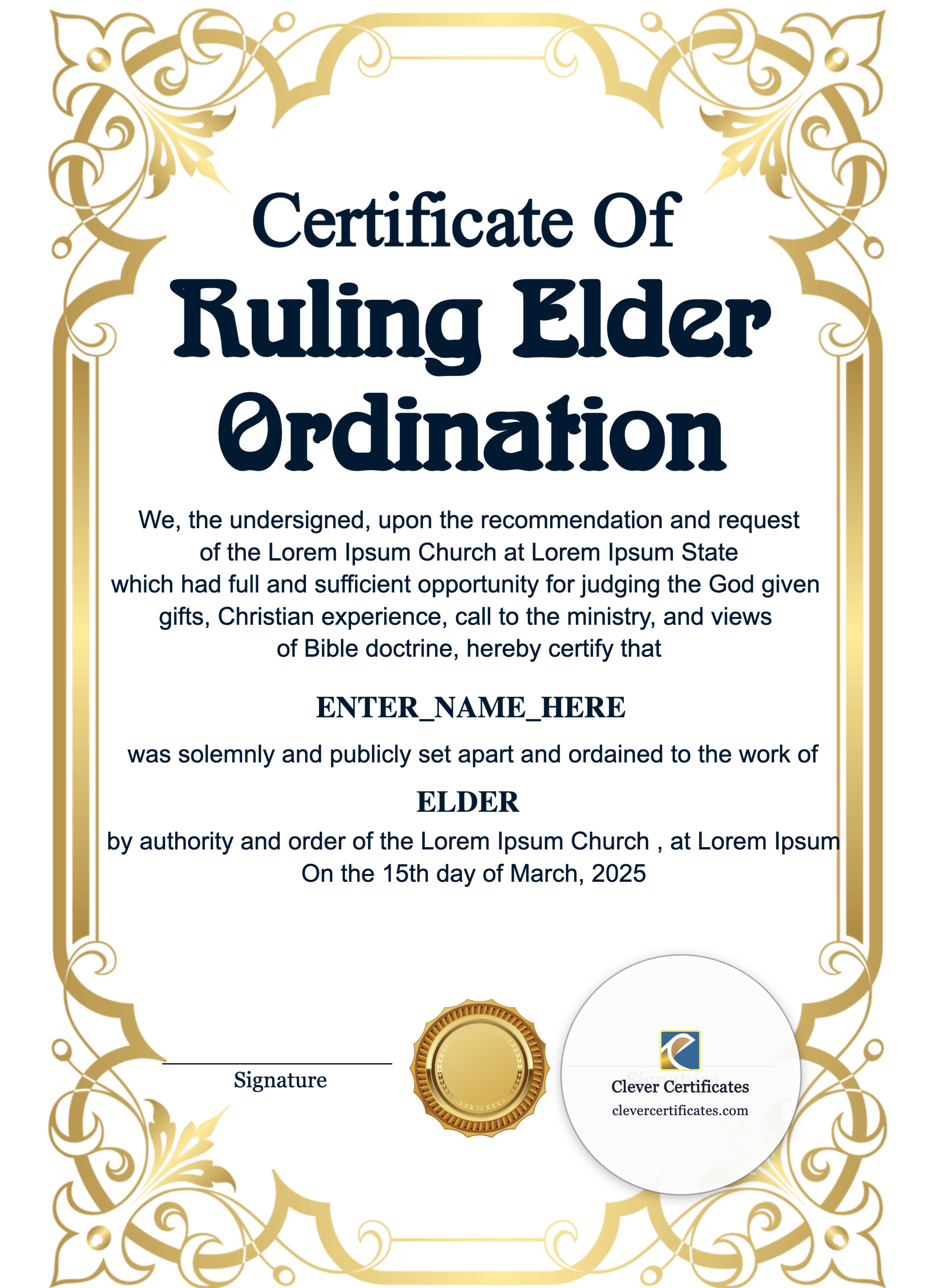 Ruling Elder Ordination Certificate Portrait — Certificate Template Preview
