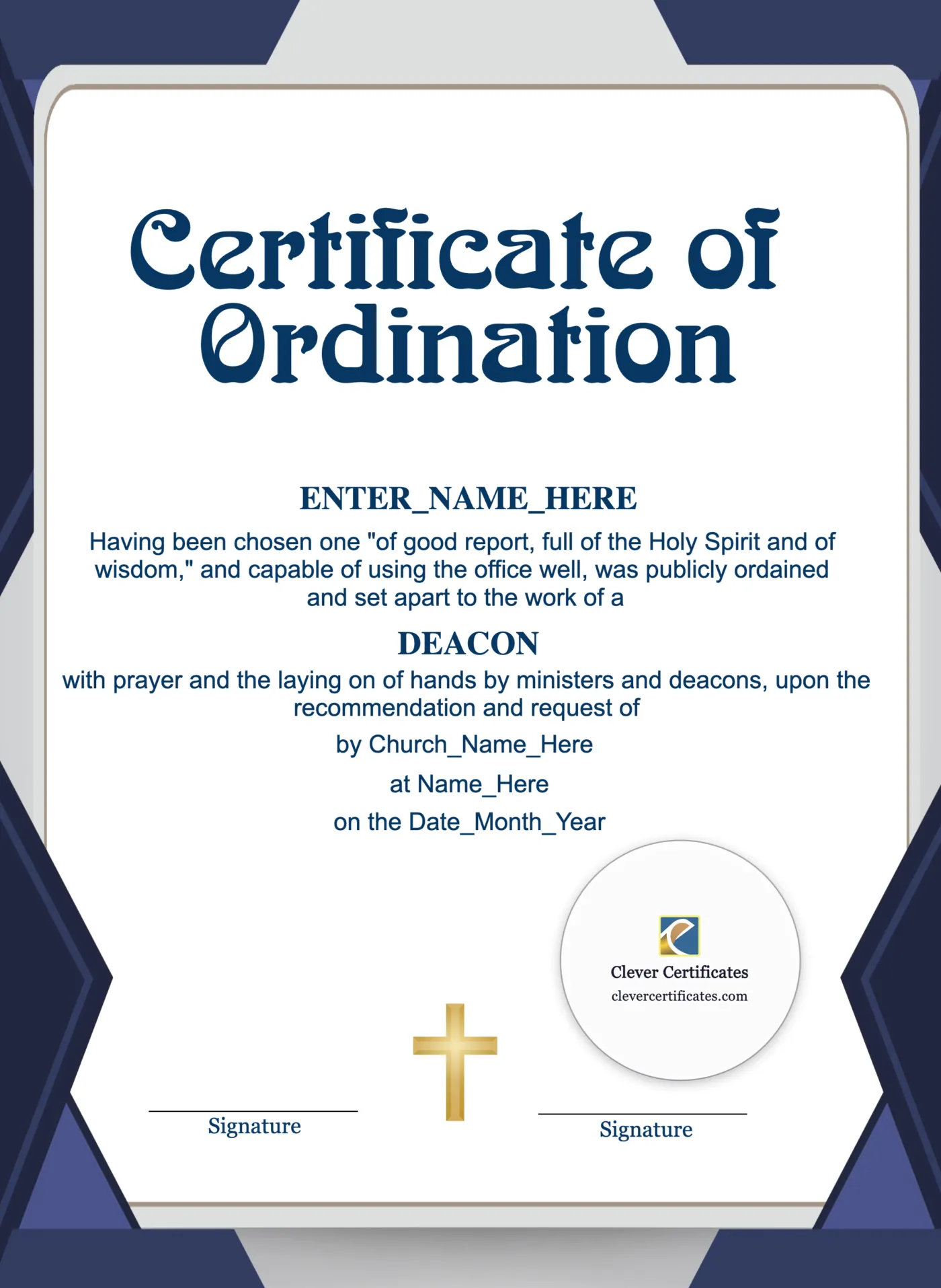 Chaplain Ordination Certificate Portrait — Certificate Template Preview