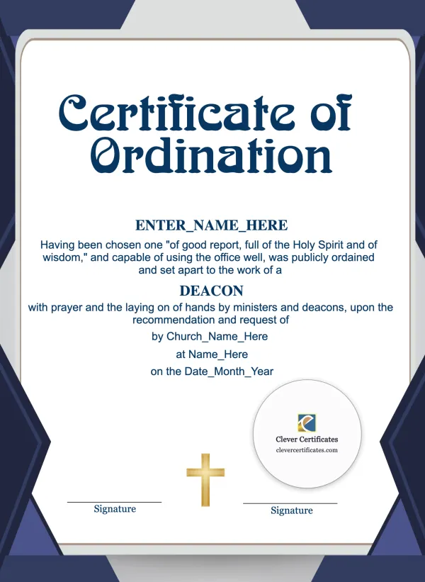 Chaplain Ordination Certificate Portrait — Certificate Template Preview