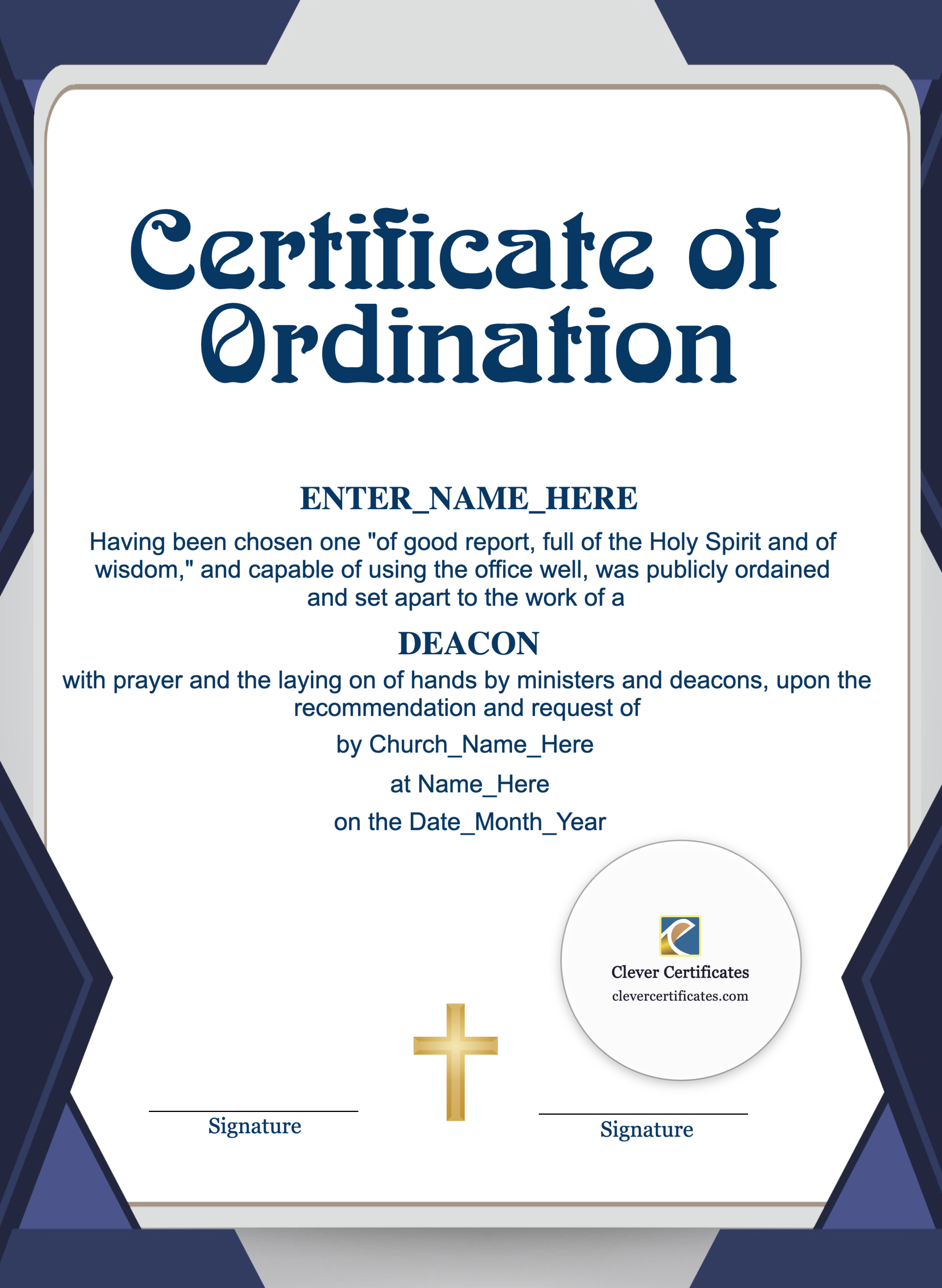 Chaplain Ordination Certificate Portrait — Certificate Template Preview